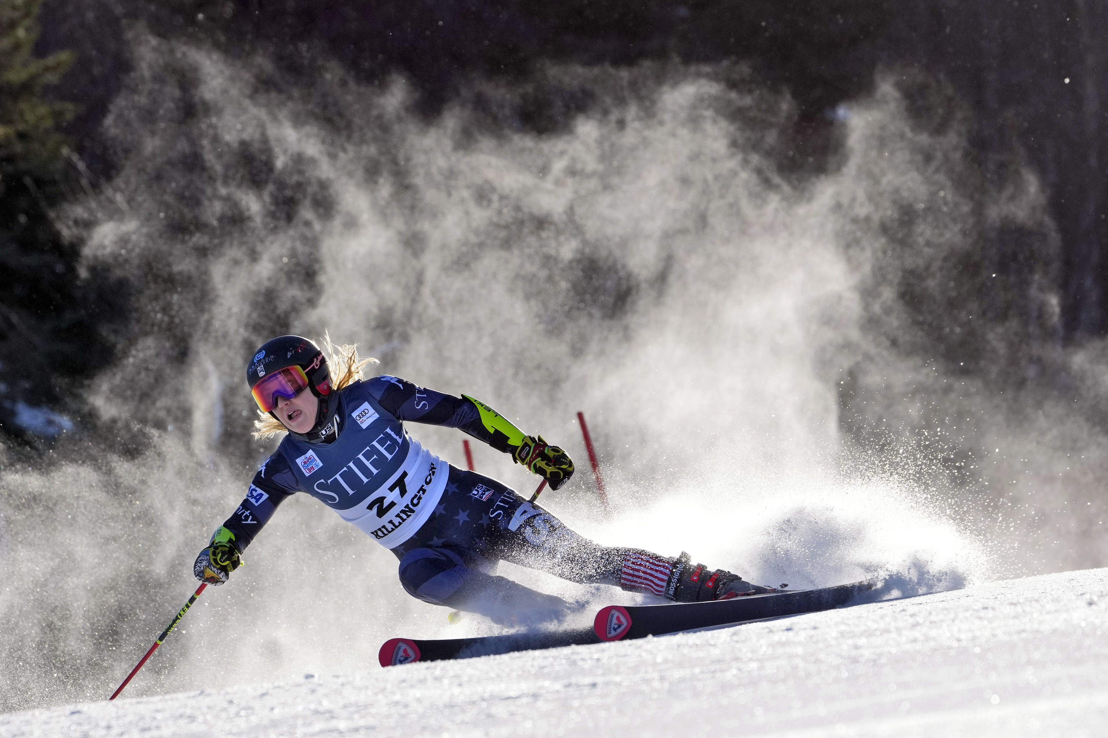 FILE - United States' Nina O'Brien competes during a women's World Cup giant slalom skiing race Saturday, Nov. 26, 2022, in Killington, Vt. 
