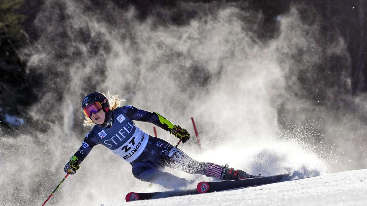 FILE - United States' Nina O'Brien competes during a women's World Cup giant slalom skiing race Saturday, Nov. 26, 2022, in Killington, Vt.