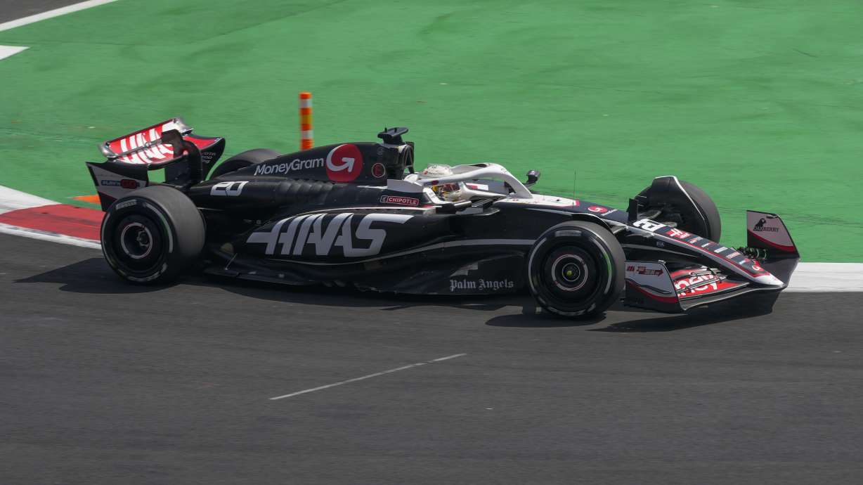 Haas driver Kevin Magnussen, of Denmark, steers his car during the first free practice ahead of the Formula One Mexico Grand Prix auto race at the Hermanos Rodriguez racetrack in Mexico City, Friday, Oct. 25, 2024.
