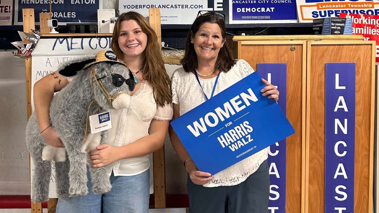 Ella Udell and her mother Cherise Udell traveled to Bucks County, Pennsylvania, from their home in Utah to volunteer for Vice President Kamala Harris' presidential campaign.