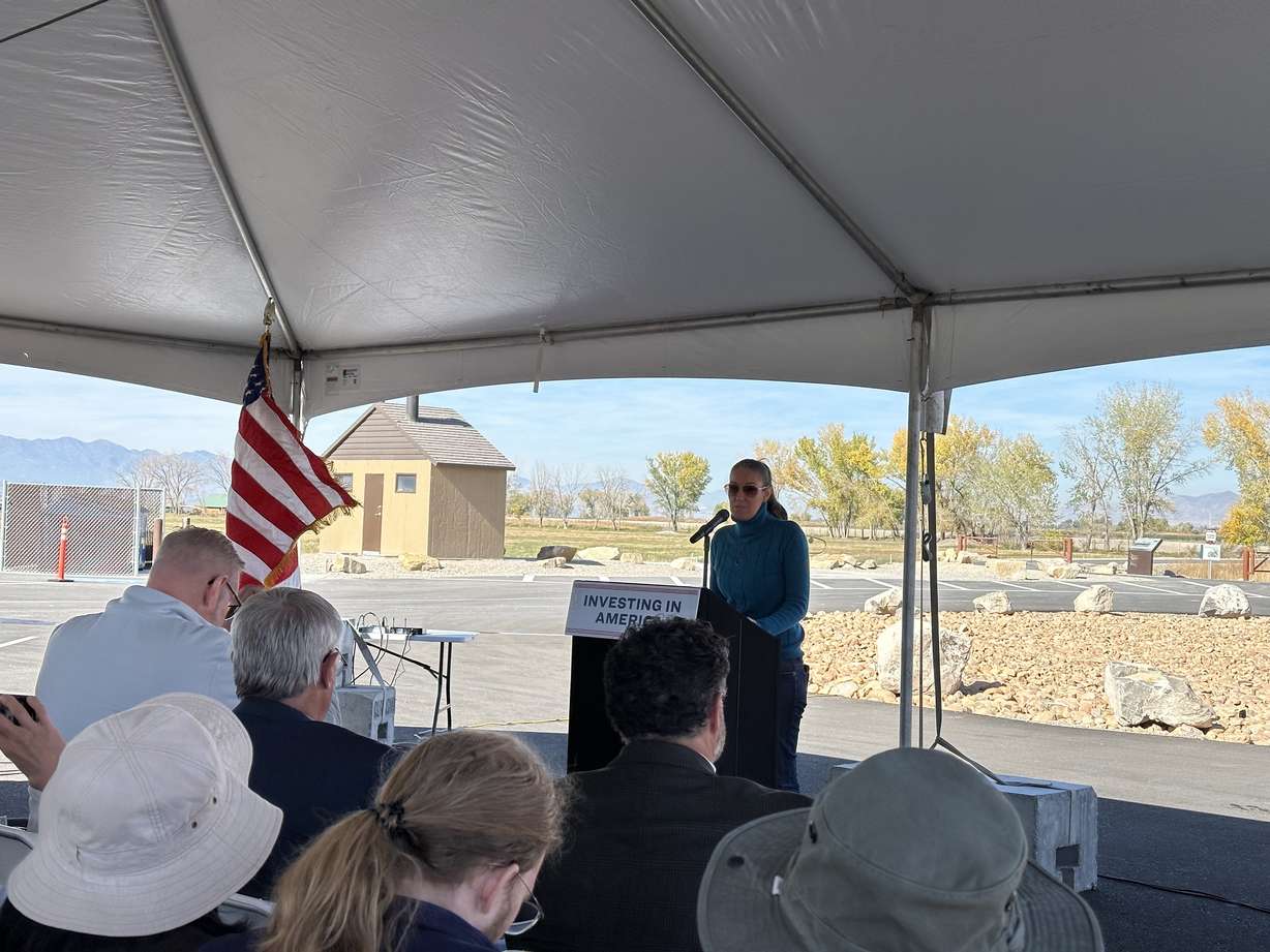 Utah County Commissioner Amelia Powers Gardner speaks at the grand reopening of the Provo River Delta on Friday.