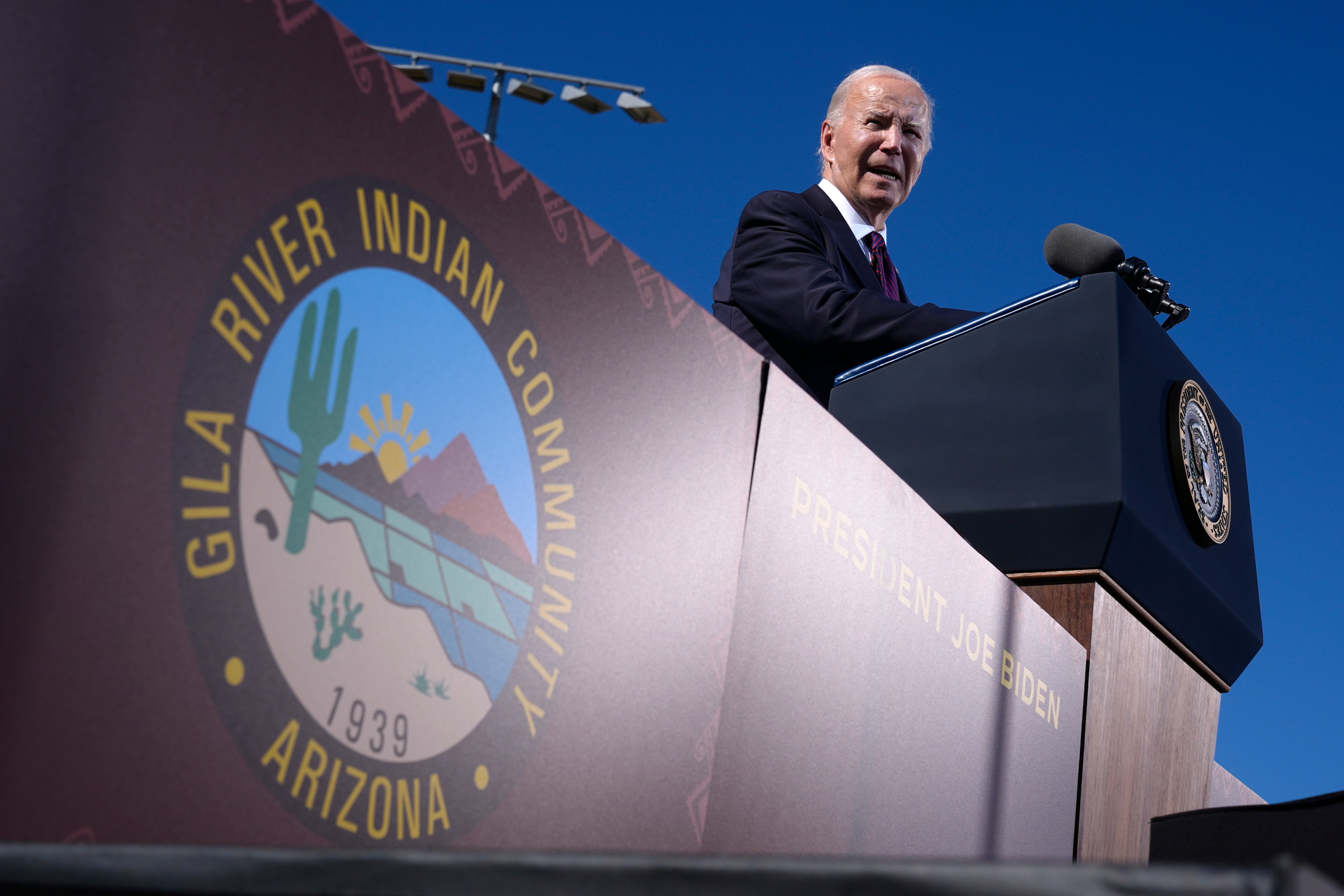 President Joe Biden speaks at the Gila Crossing Community School in the Gila River Indian Community reservation in Laveen, Ariz., Friday. he commander-in-chief expressed remorse for the U.S. government's boarding school policies that harmed Native American communities.