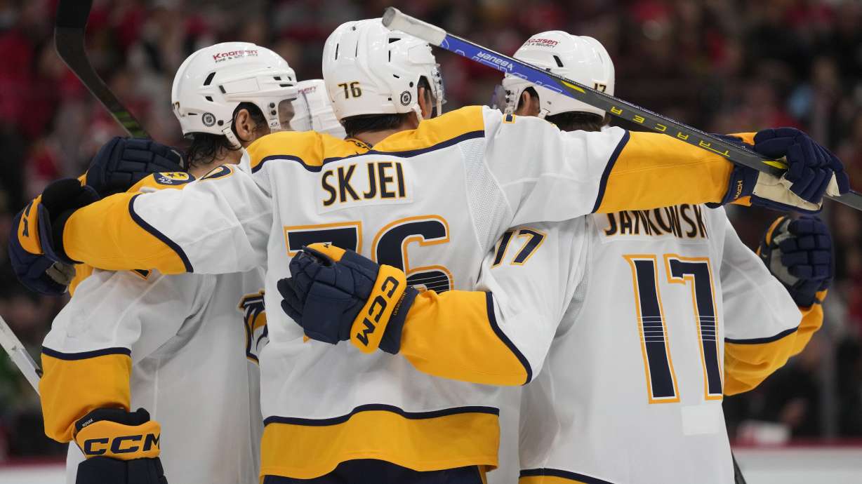 Nashville Predators defenseman Brady Skjei (76) celebrates his goal on the Chicago Blackhawks during the third period of an NHL hockey game Friday, Oct. 25, 2024, in Chicago.