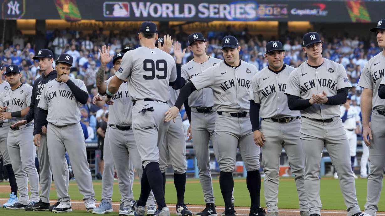 New York Yankees' Aaron Judge is introduced before Game 1 of the baseball World Series Los Angeles Dodgers, Friday, Oct. 25, 2024, in Los Angeles.