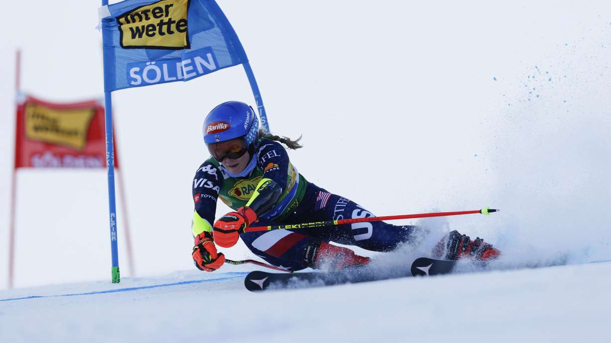 United States' Mikaela Shiffrin speeds down the course during an alpine ski, women's World Cup giant slalom, in Soelden, Austria, Saturday, Oct. 26, 2024.