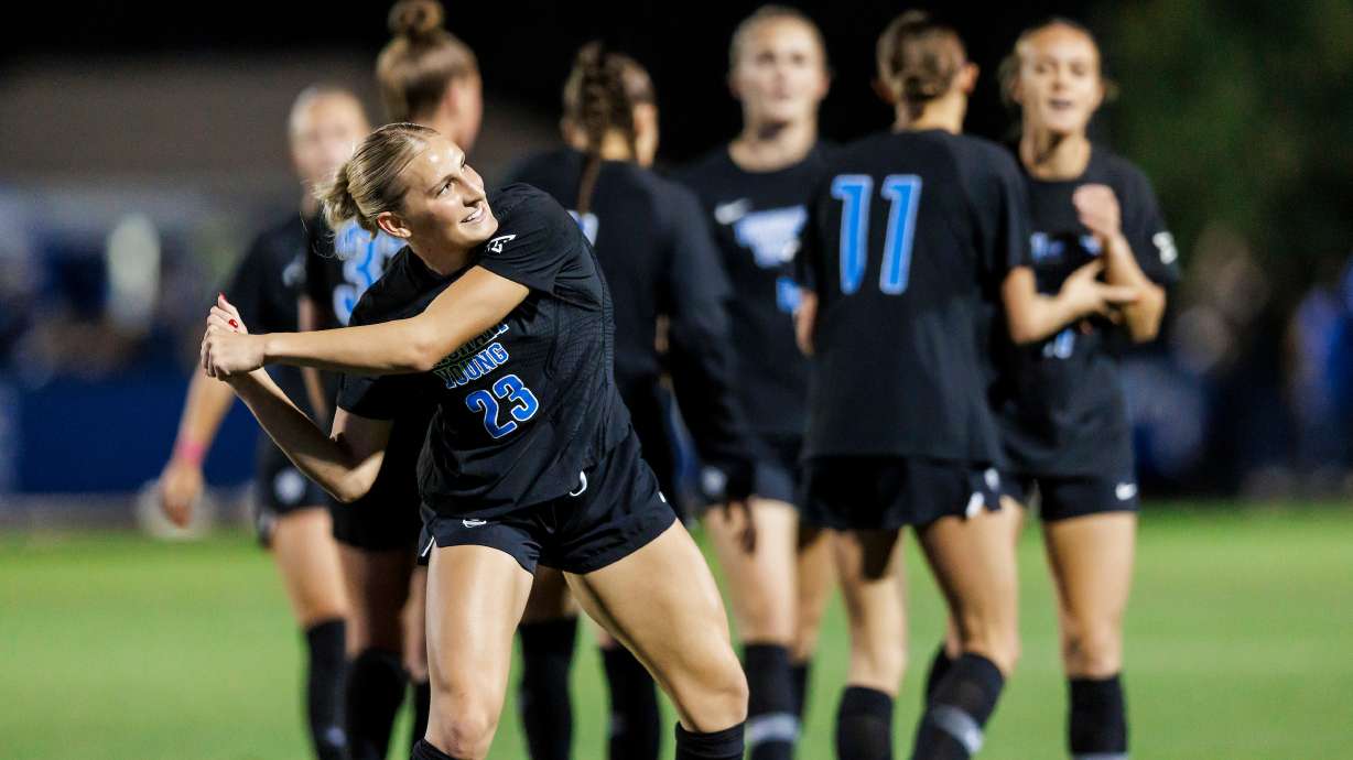 BYU forward Allie Fryer celebrates a goal against Houston during a Big 12 women's soccer match, Monday, Oct. 21, 2024, at South Field in Provo, Utah.