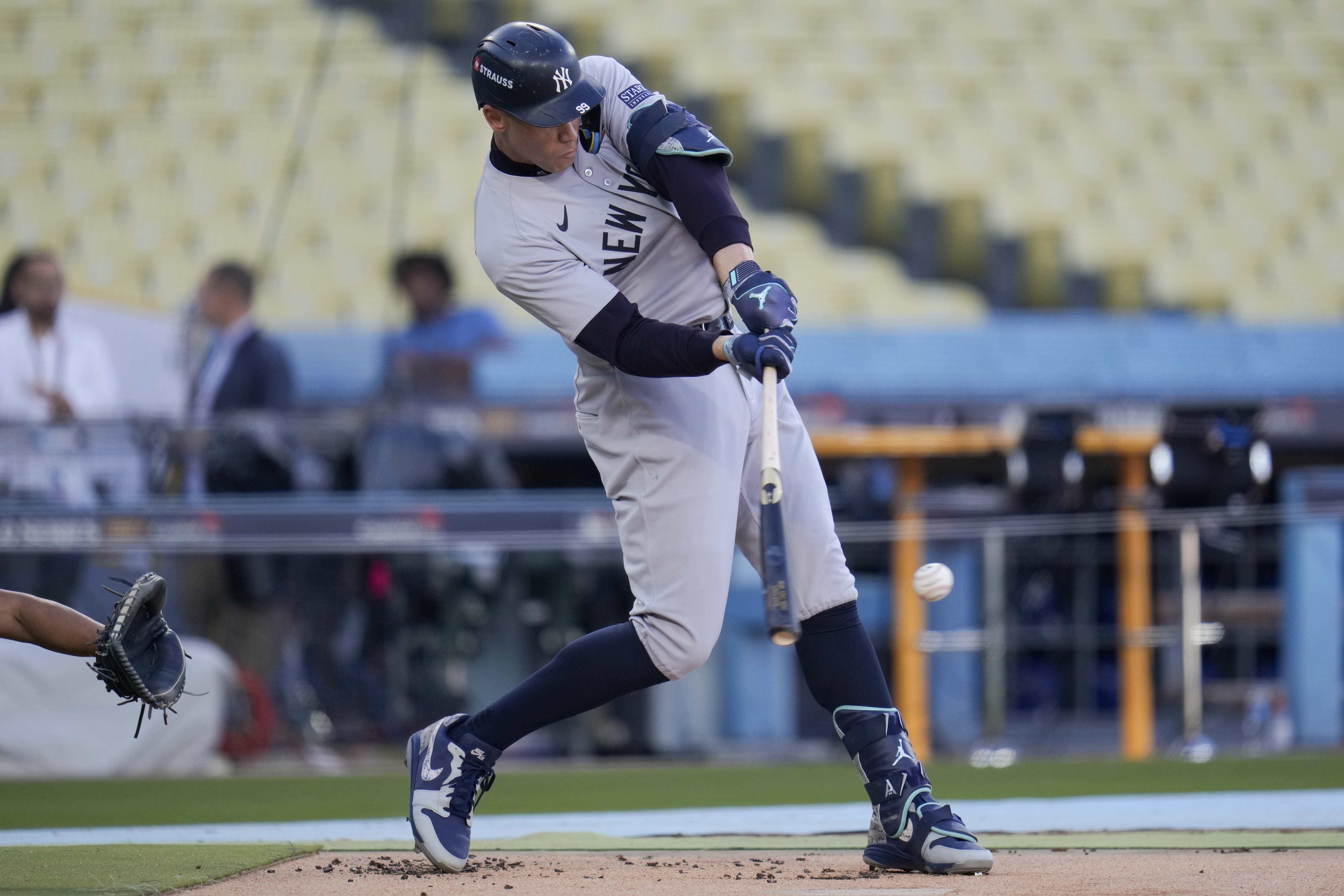 New York Yankees' Aaron Judge hits during batting practice on media day for the baseball World Series against the Los Angeles Dodgers, Thursday, Oct. 24, 2024, in Los Angeles.