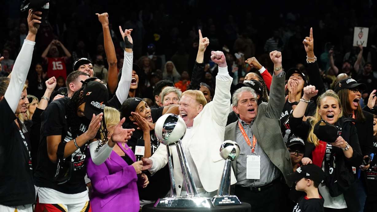 FILE - The Las Vegas Aces celebrate after Game 4 of a WNBA basketball final playoff series against the New York Liberty, Oct. 18, 2023, in New York.