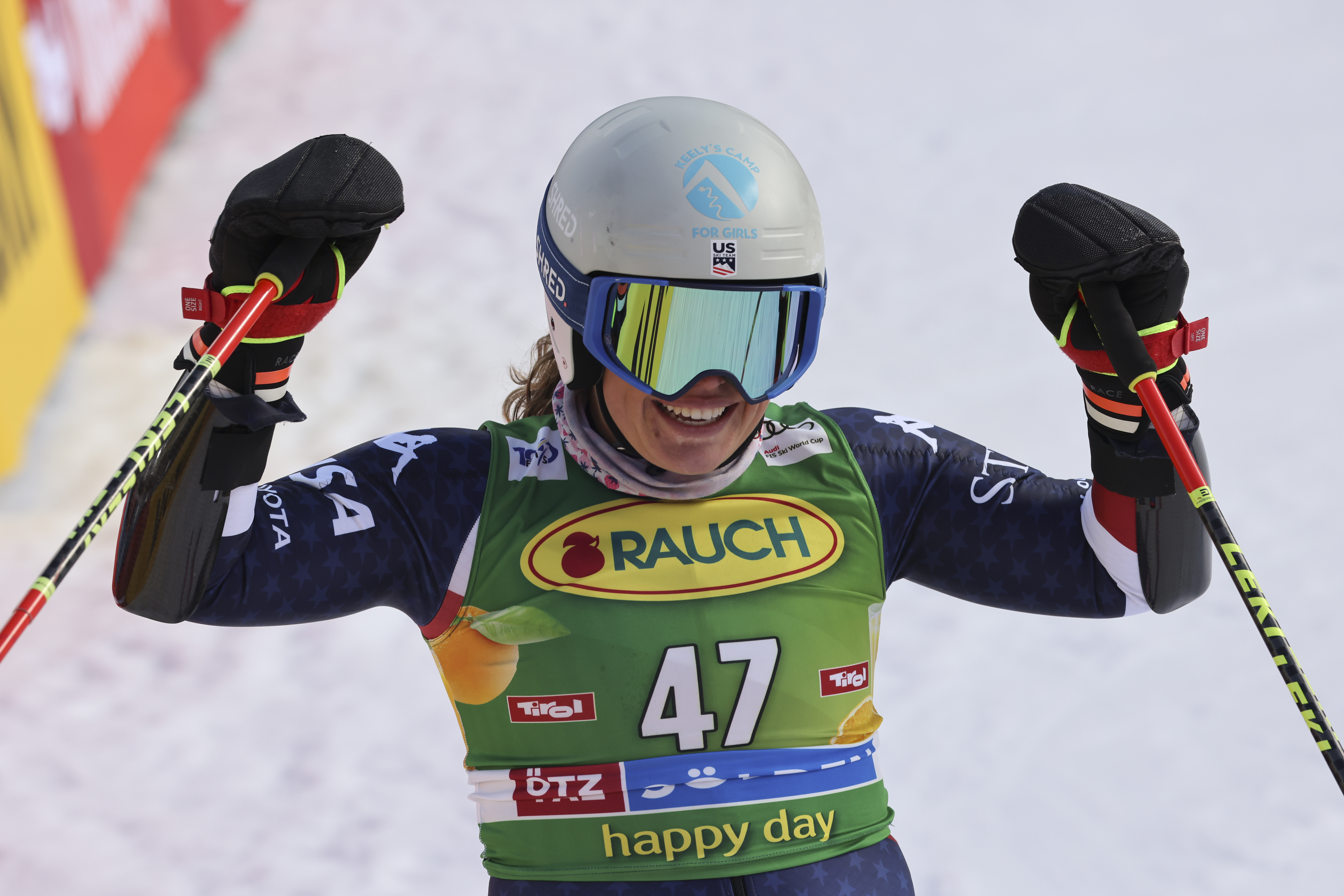 United States' Katie Hensien celebrates at the finish area of an alpine ski, women's World Cup giant slalom, in Soelden, Austria, Saturday, Oct. 26, 2024.