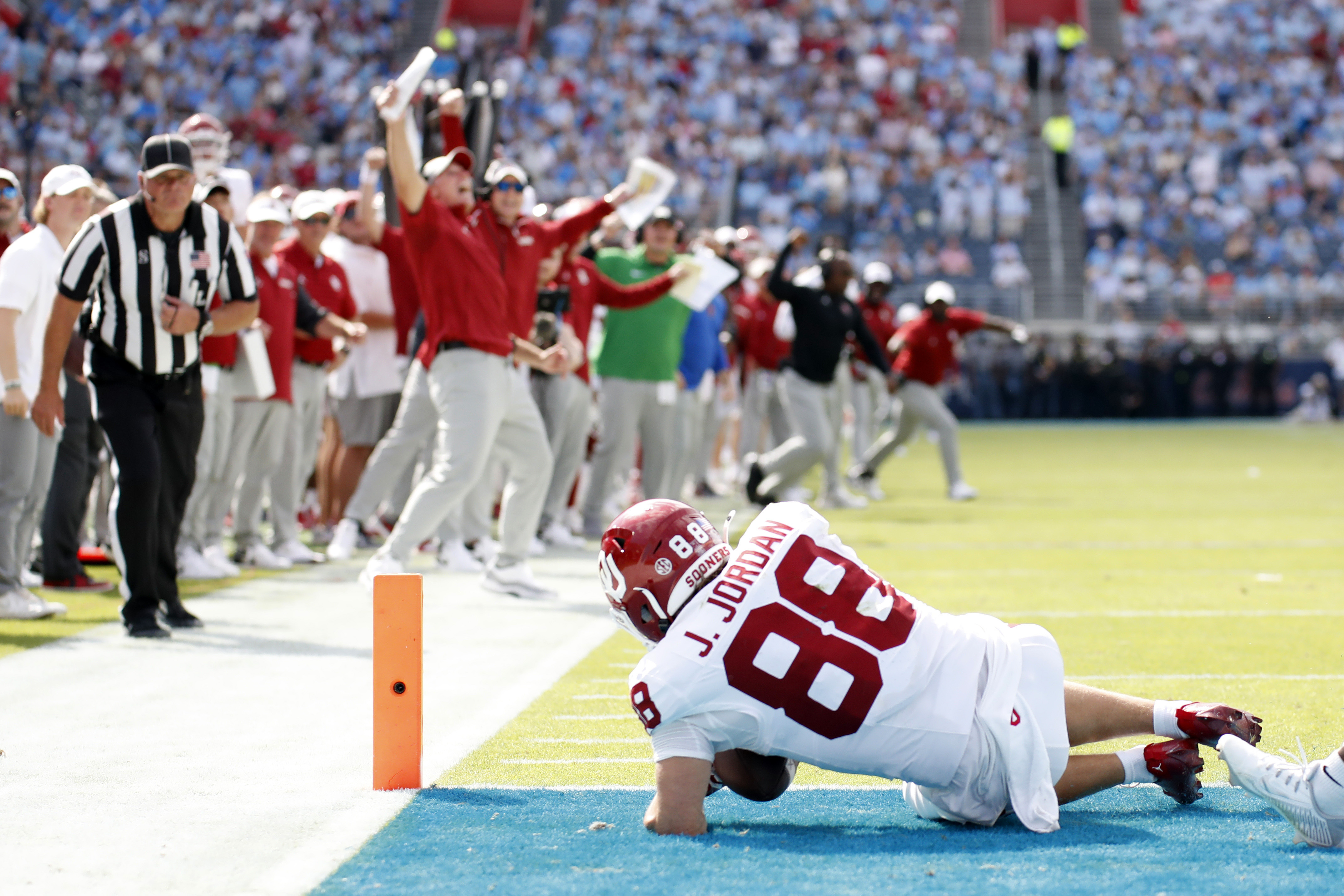 Oklahoma wide receiver Jacob Jordan (88) makes a touchdown during the first half of an NCAA college football game against Mississippi, Saturday, Oct. 26, 2024, in Oxford, Miss.