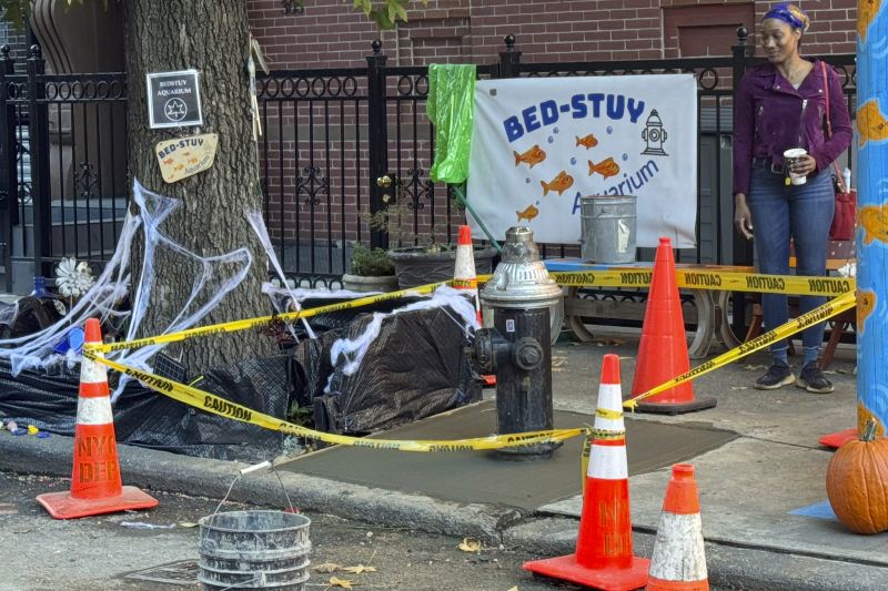 Yellow caution tape surrounds the area around a once leaky fire hydrant that became a makeshift aquarium goldfish pool, and now has been filled with concrete by the city, Friday in the Brooklyn borough of New York.