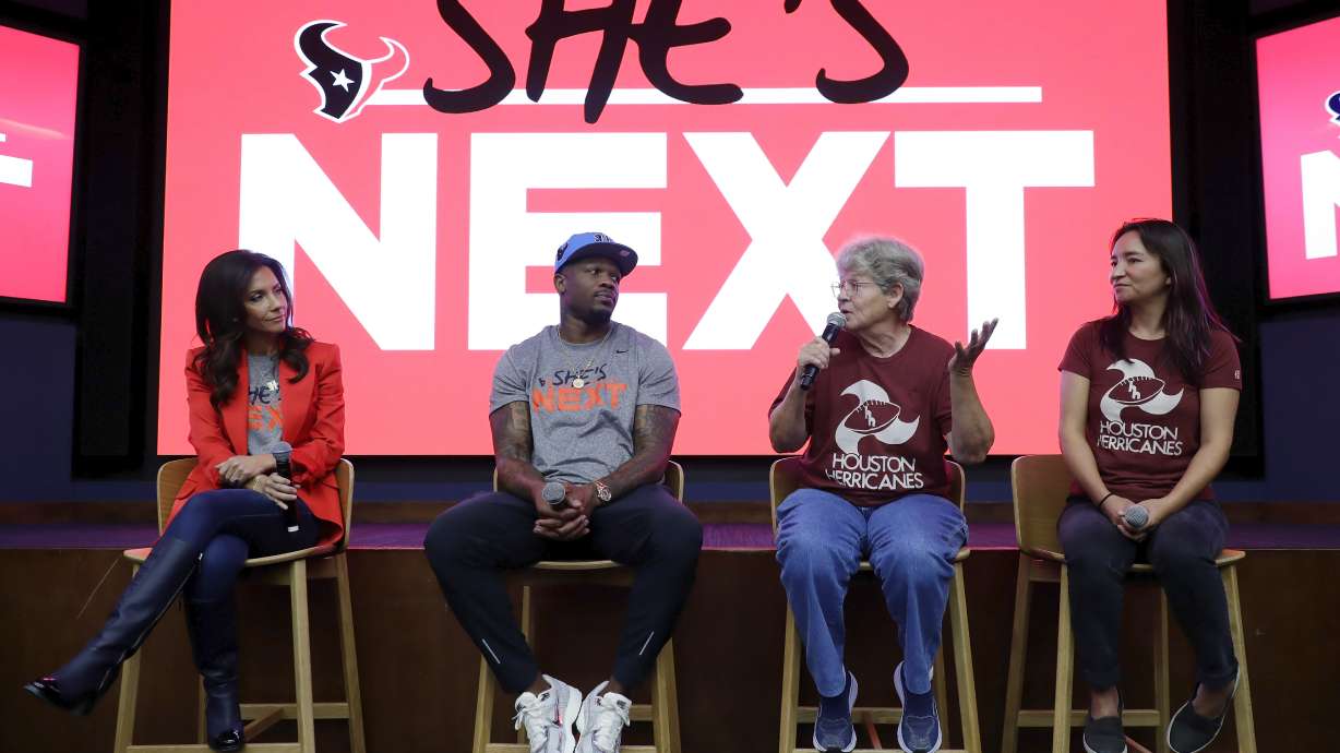 Panel members, from left, Hannah McNair, Texans co-owner; Andre Johnson, former Texan and NFL Hall-of-Famer; Marty Bryant, former Houston Herricanes player; and Olivia Kuan, director and producer, speak after an exclusive screening of the documentary "The Herricanes", about the Houston full-tackle women's football league team in the 70s, shown at NRG stadium Saturday, {monthname3.} 26, 2024, in Houston. The Texans NFL team hosted the event with players from the era along with Texans legend players and current high school girls flag football players.