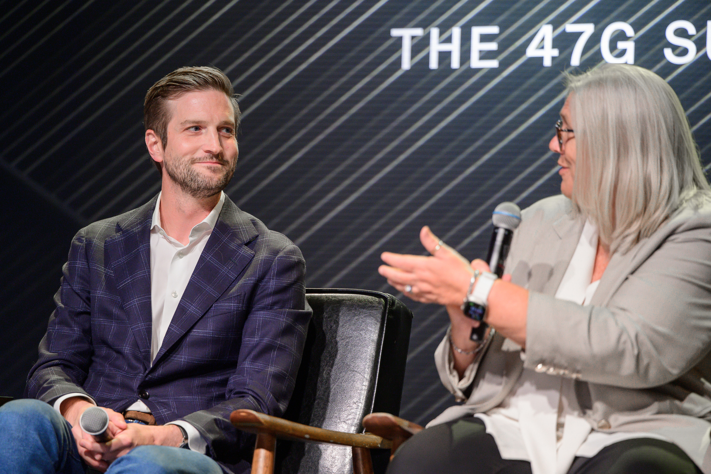 Sue Gordon, former principal deputy director of national intelligence, speaks alongside Greg Levesque, CEO of intelligence company Strider, at the Zero Gravity Summit in Salt Lake City on Thursday.