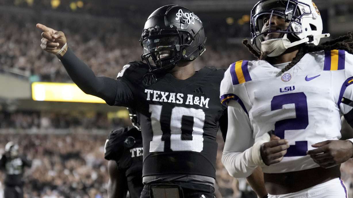 Texas A&M quarterback Marcel Reed (10) reacts after scoring a touchdown against LSU during the third quarter of an NCAA college football game Saturday, Oct. 26, 2024, in College Station, Texas.