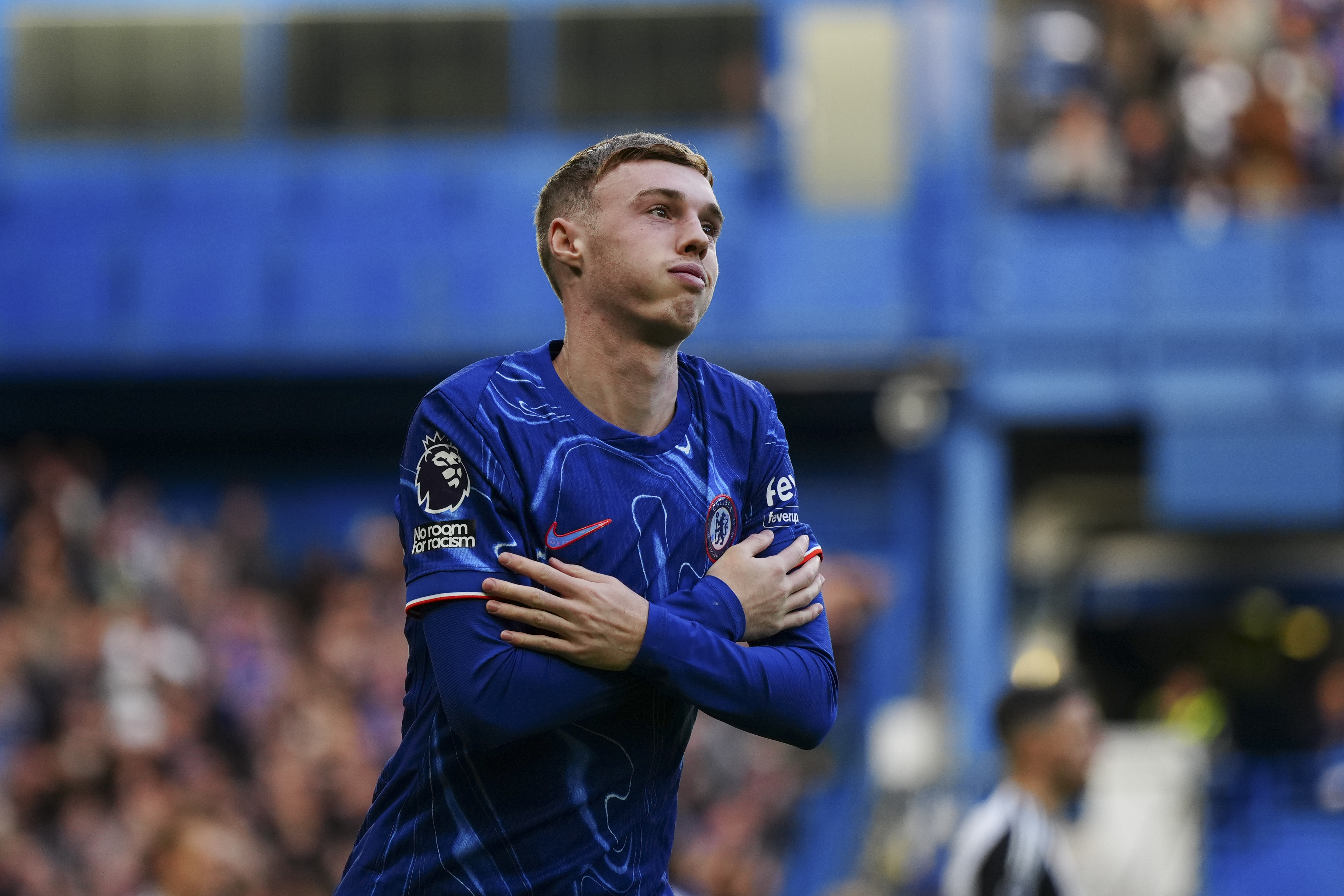 Chelsea's Cole Palmer celebrates after scoring his side's second goal during the English Premier League soccer match between Chelsea and Newcastle at Stamford Bridge in London, Sunday, Oct. 27, 2024.