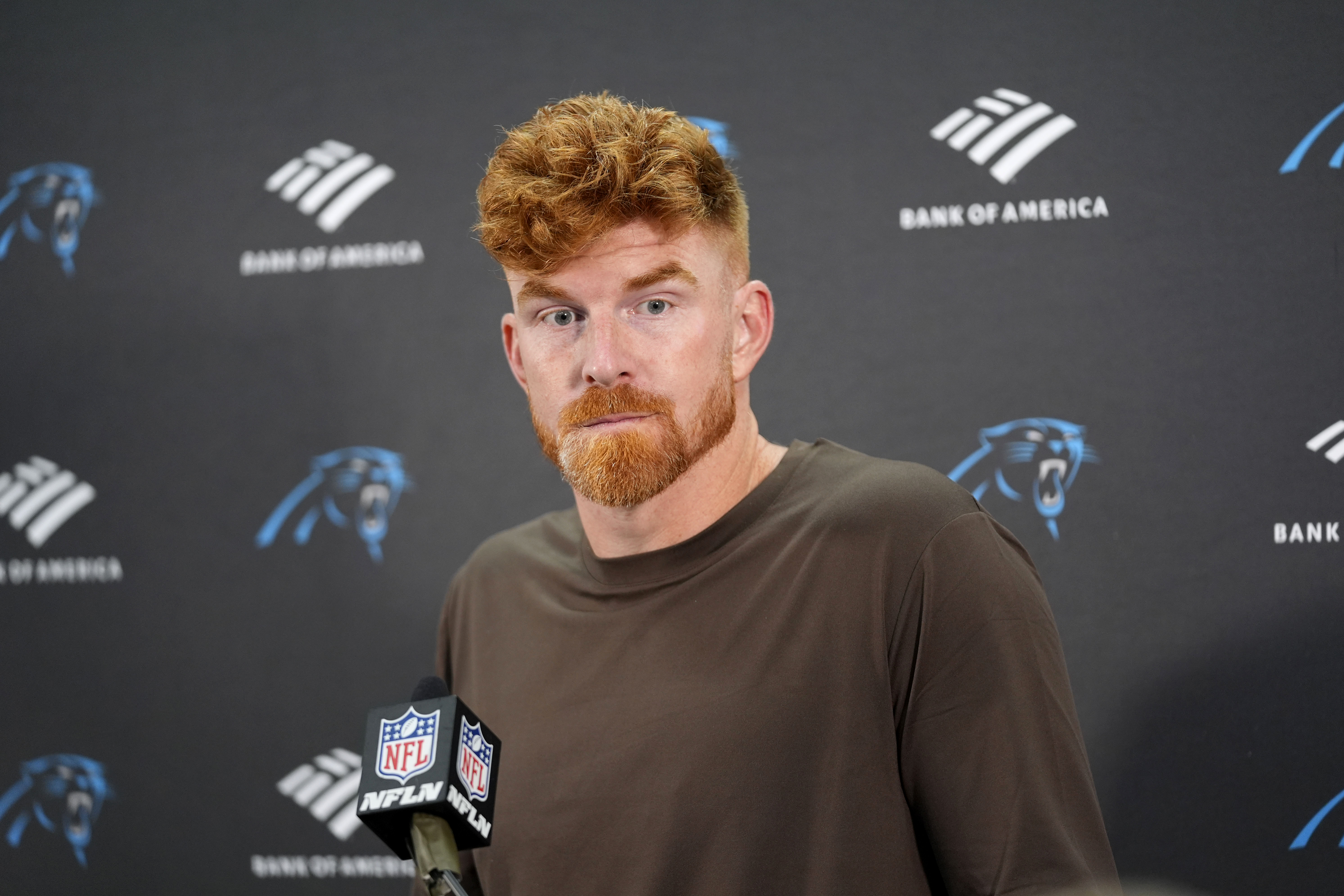 Carolina Panthers quarterback Andy Dalton speaks during a news conference after an NFL football game against the Washington Commanders, Sunday, Oct. 20, 2024, in Landover, Md. The Commanders 40-7. 