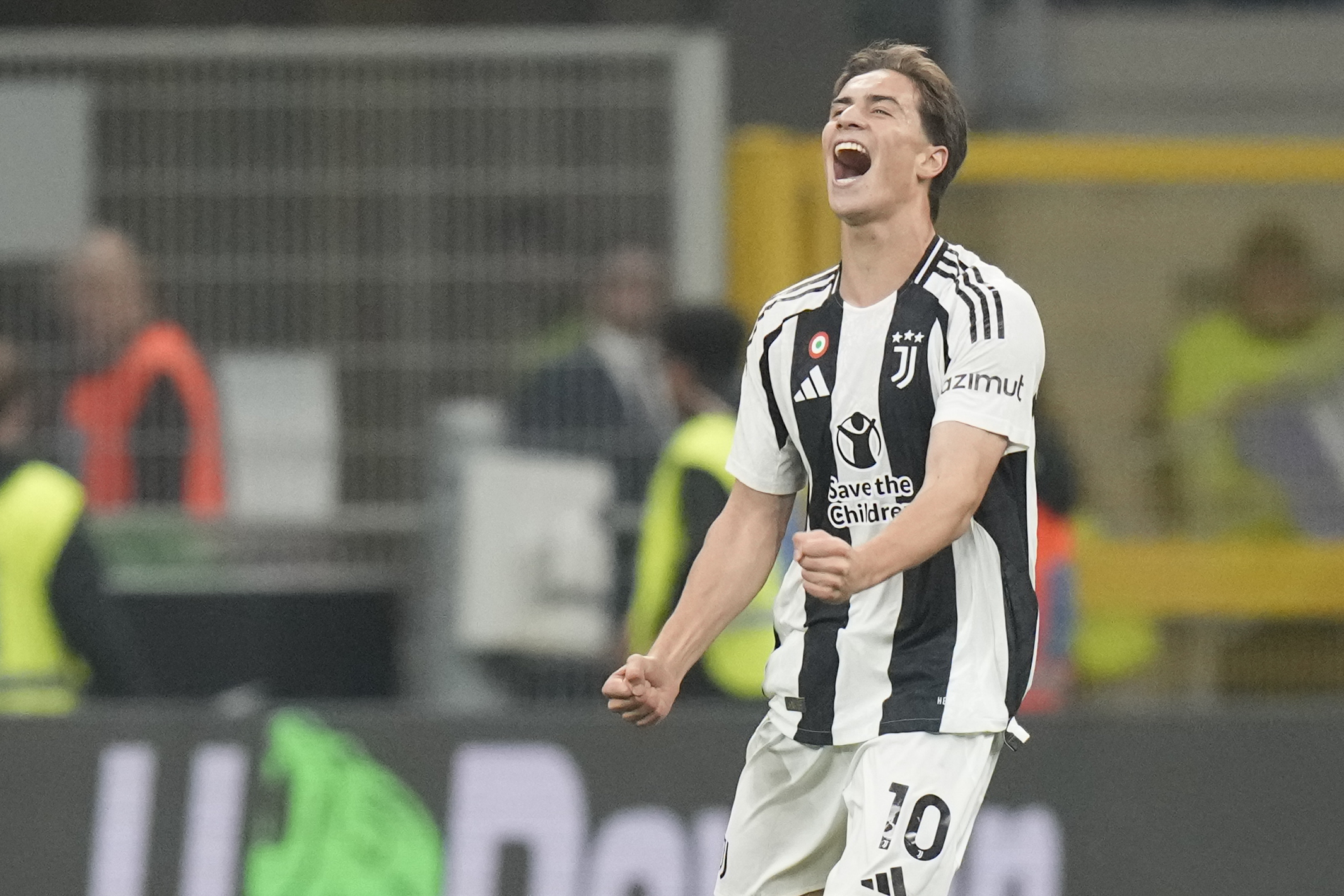 Juventus' Kenan Yildiz celebrates after scoring his side's third goal during a Serie A soccer match between Inter Milan and Juventus at the San Siro stadium in Milan, Italy, Sunday, Oct. 27, 2024. 