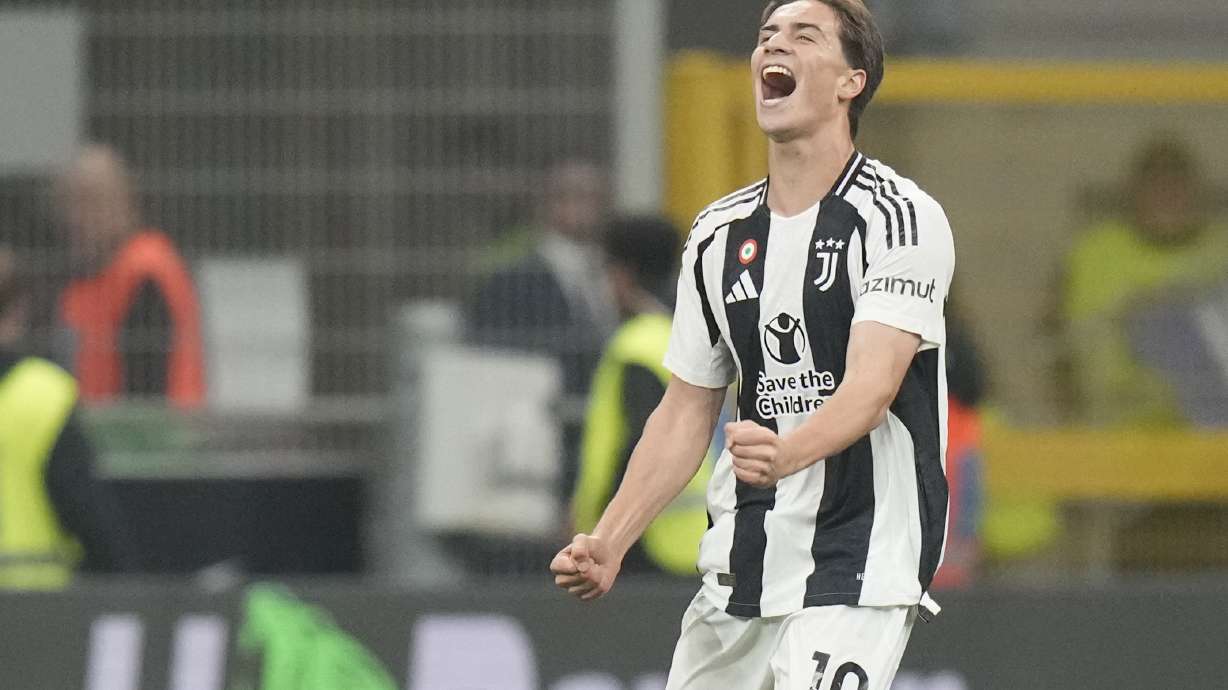 Juventus' Kenan Yildiz celebrates after scoring his side's third goal during a Serie A soccer match between Inter Milan and Juventus at the San Siro stadium in Milan, Italy, Sunday, Oct. 27, 2024.
