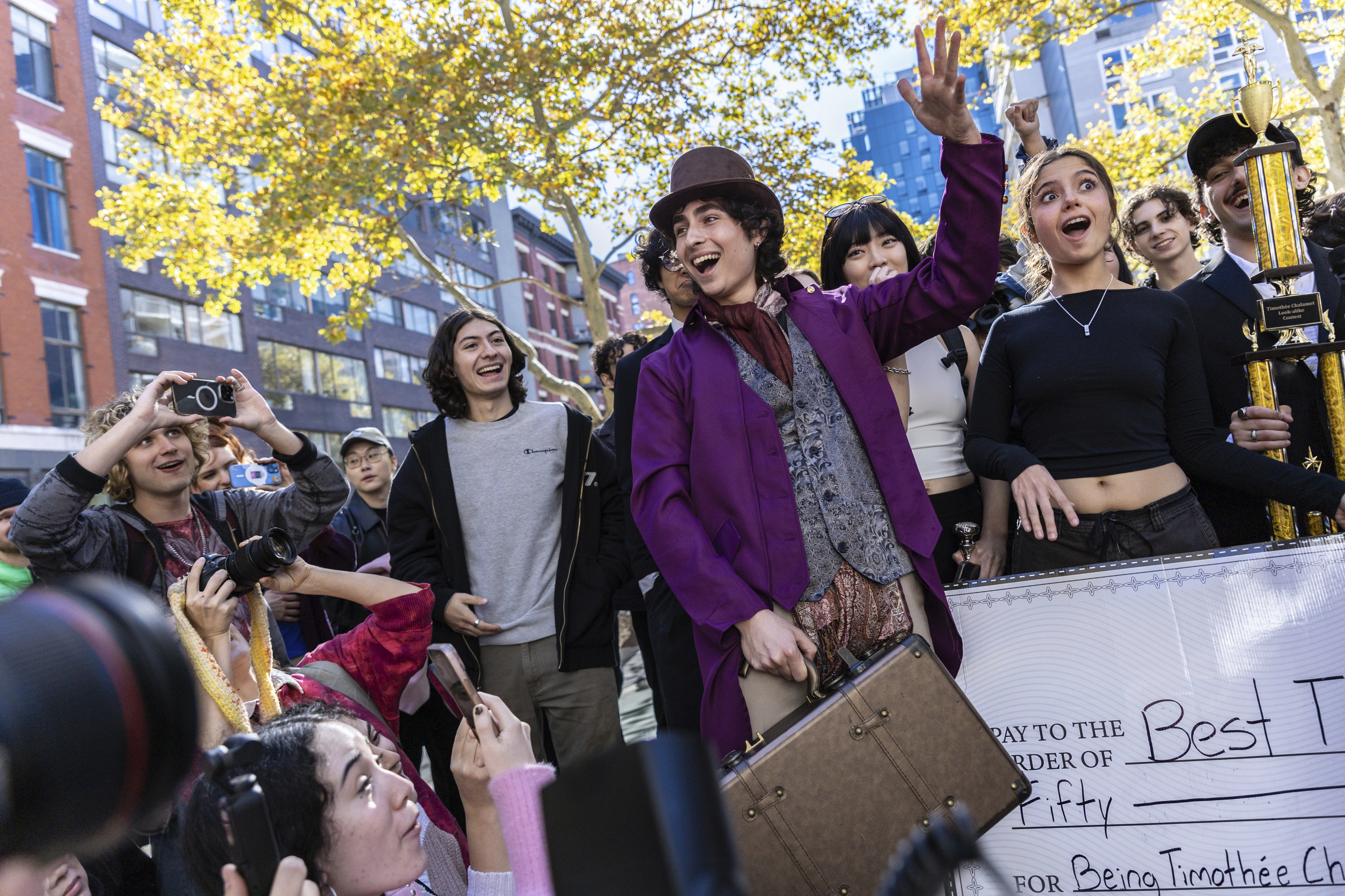 Miles Mitchell, 21, winner of the Timothee Chalamet lookalike contest Sunday in New York. Actor Timothée Chalamet made a surprise appearance.