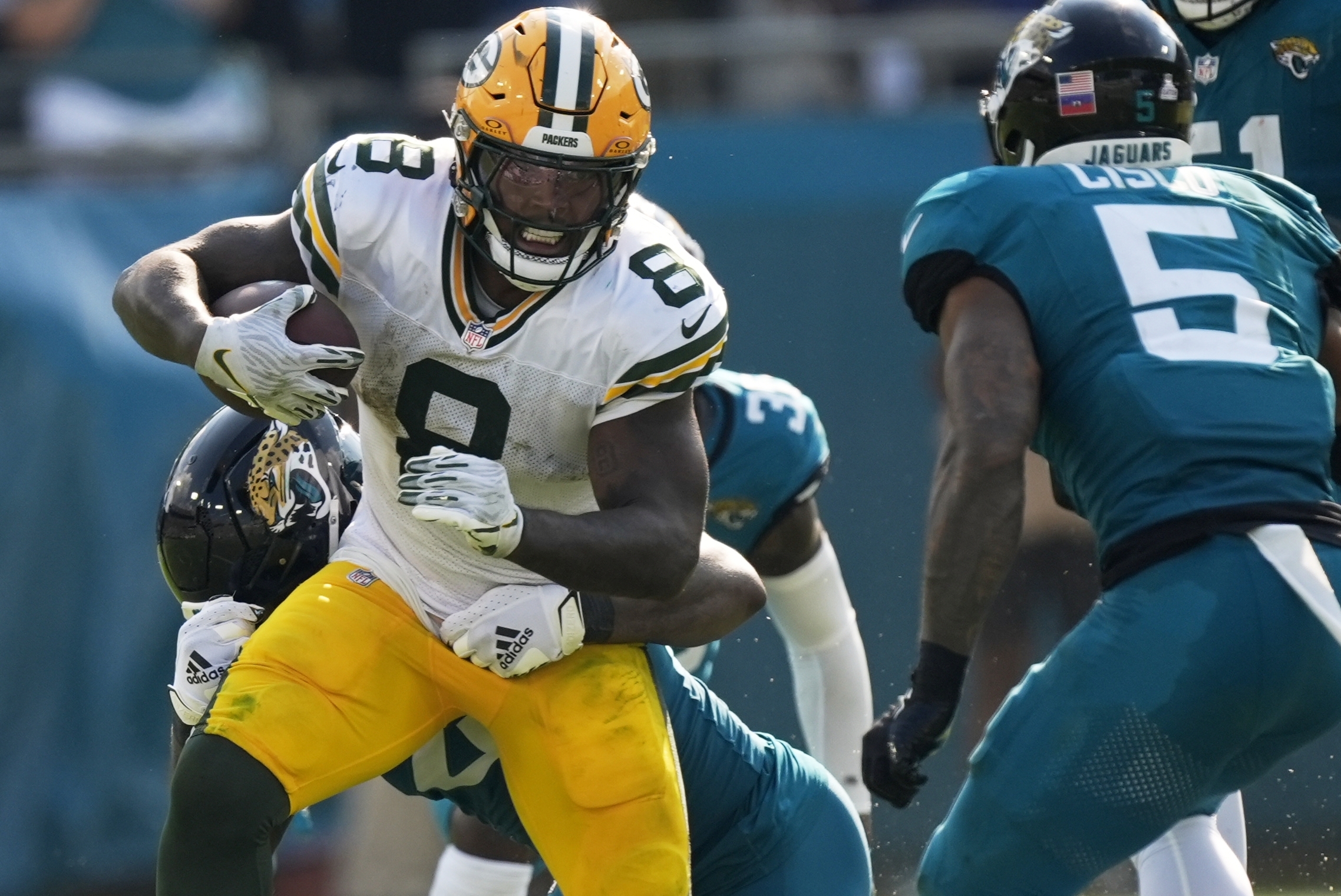 Green Bay Packers' Josh Jacobs runs during the second half of an NFL football game against the Jacksonville Jaguars Sunday, Oct. 27, 2024, in Jacksonville, Fla. 