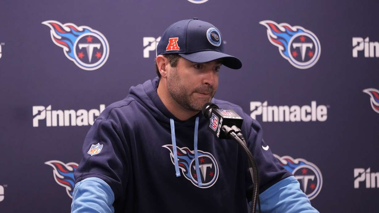 Tennessee Titans head coach Brian Callahan addresses the media after an NFL football game against the Detroit Lions, Sunday, Oct. 27, 2024, in Detroit.