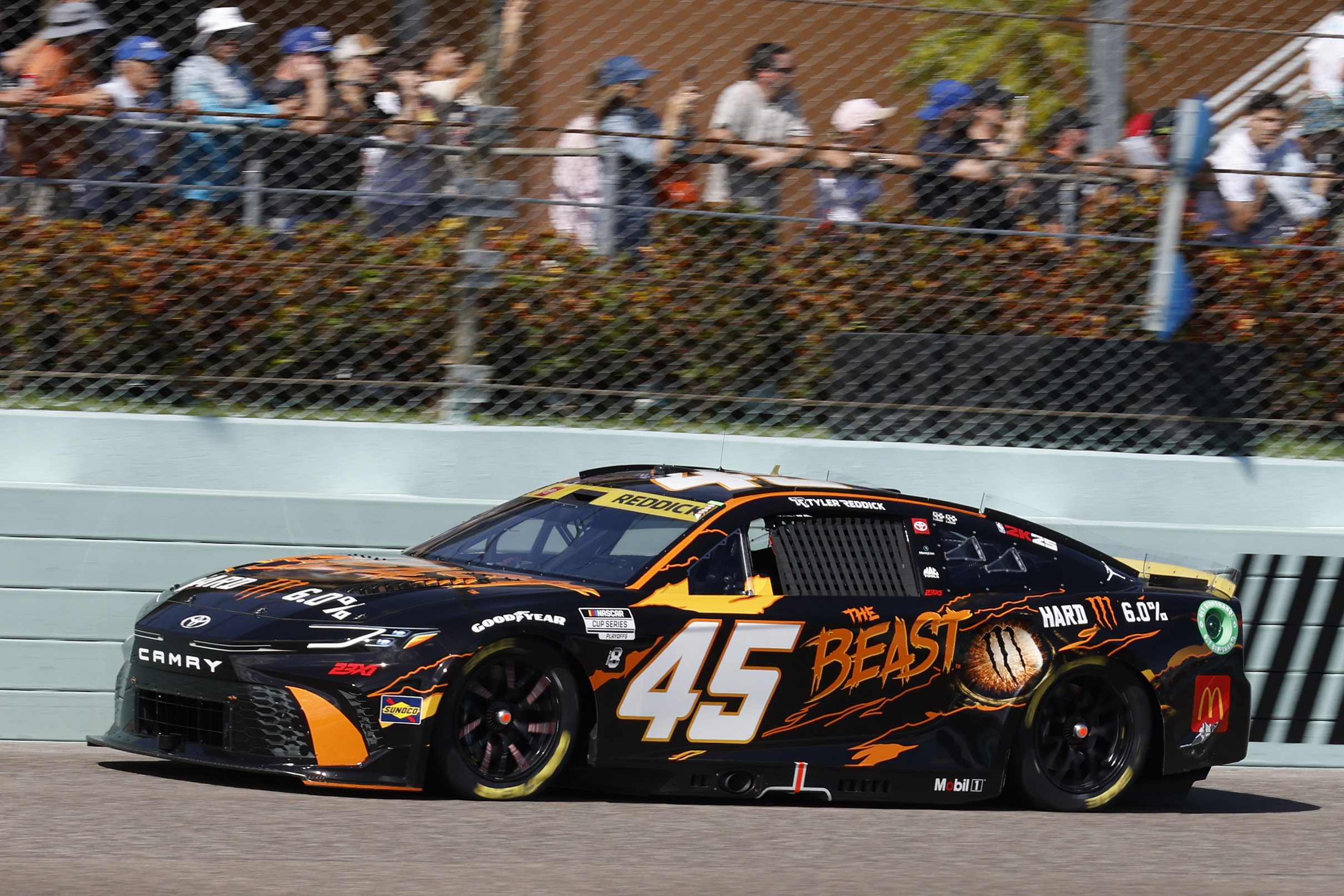 Tyler Reddick drives on track during the NASCAR Cup Series auto race at Homestead-Miami Speedway in Homestead, Fla., Sunday, Oct. 27, 2024.