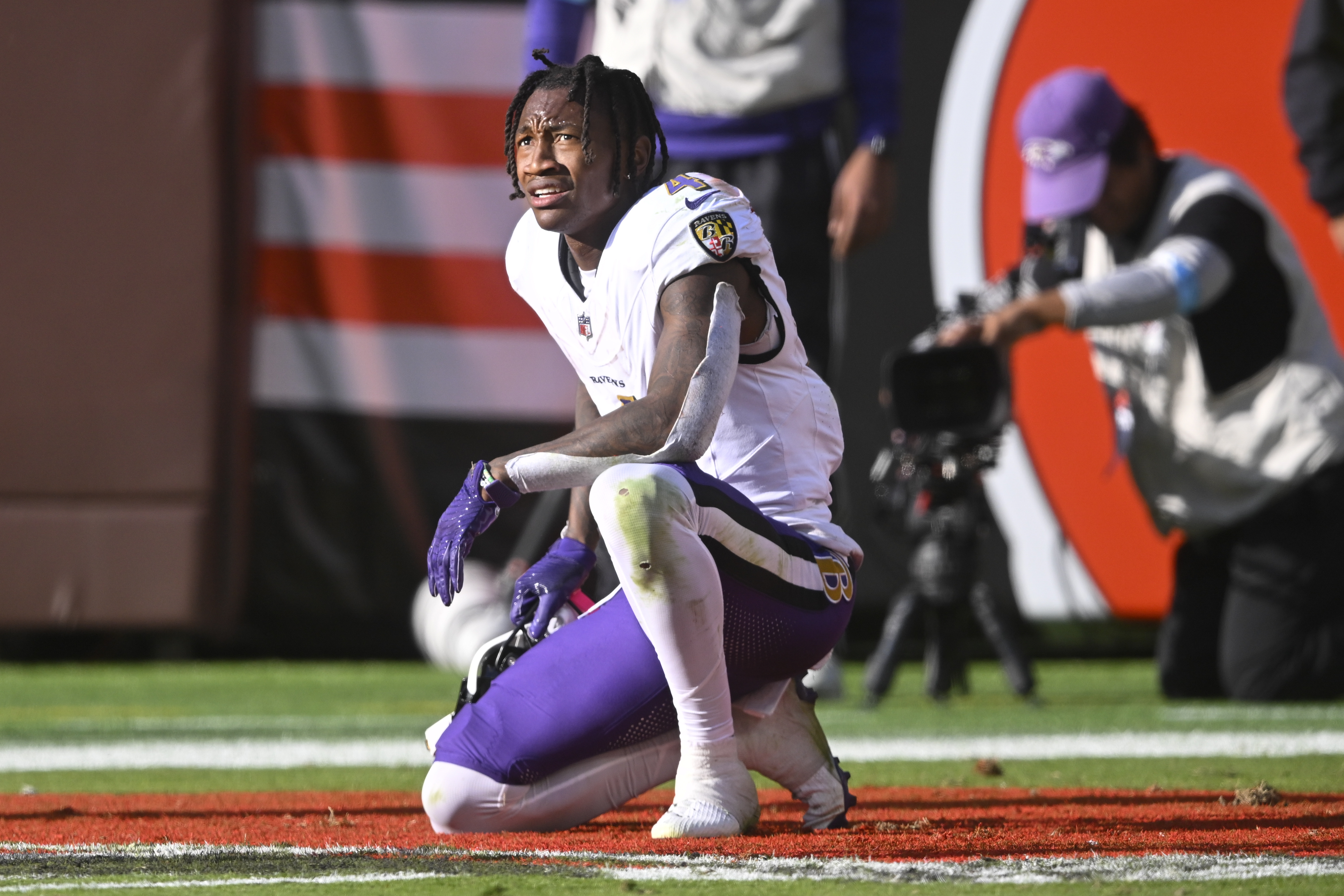Baltimore Ravens wide receiver Zay Flowers (4) reacts after an incomplete pass in the end zone in the closing seconds of the second half of an NFL football game against the Baltimore Ravens in Cleveland, Sunday, Oct. 27, 2024. 
