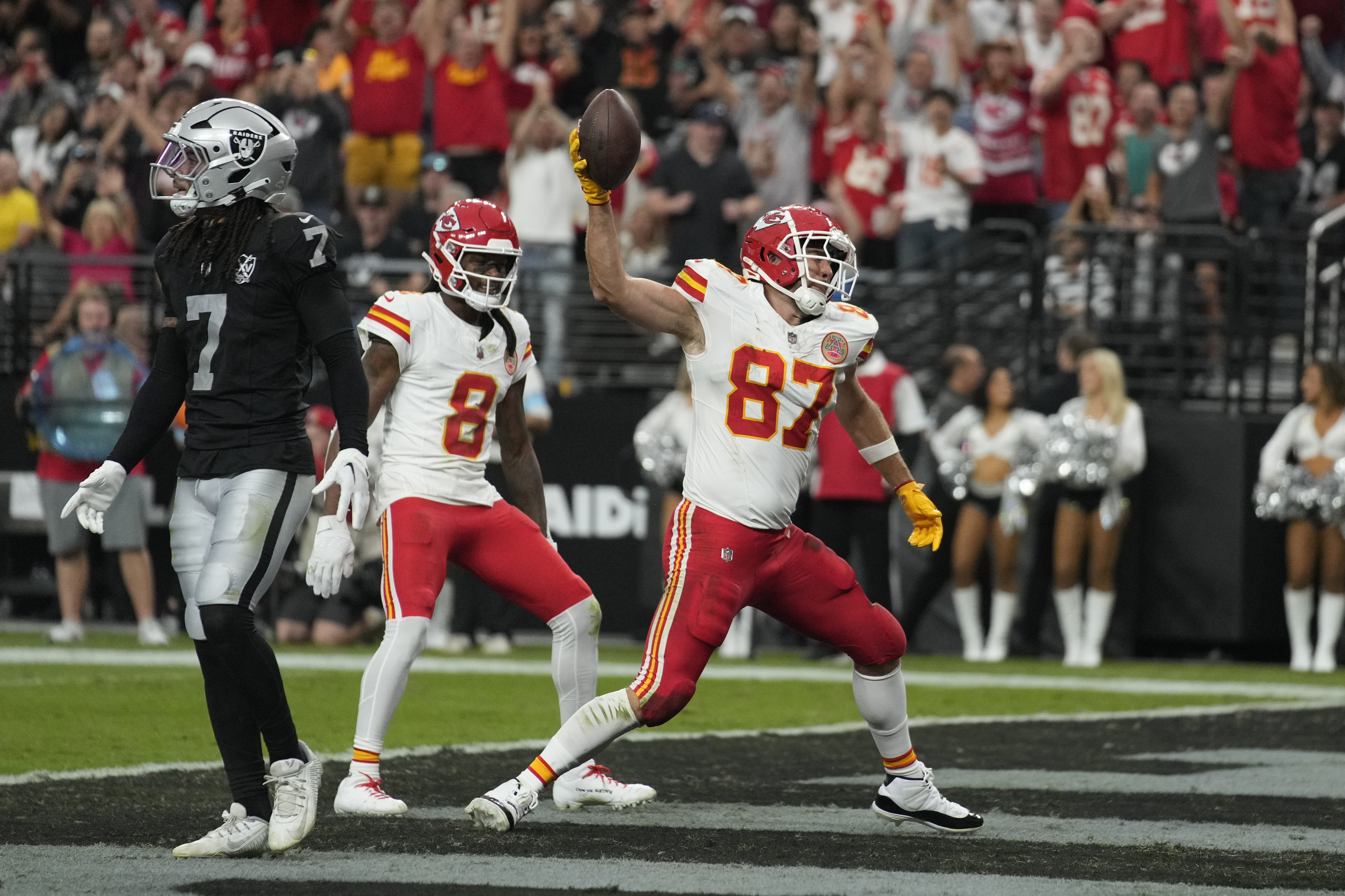 Kansas City Chiefs tight end Travis Kelce (87) celebrates after catching a touchdown pass during the first half of an NFL football game against the Las Vegas Raiders Sunday, Oct. 27, 2024, in Las Vegas. 