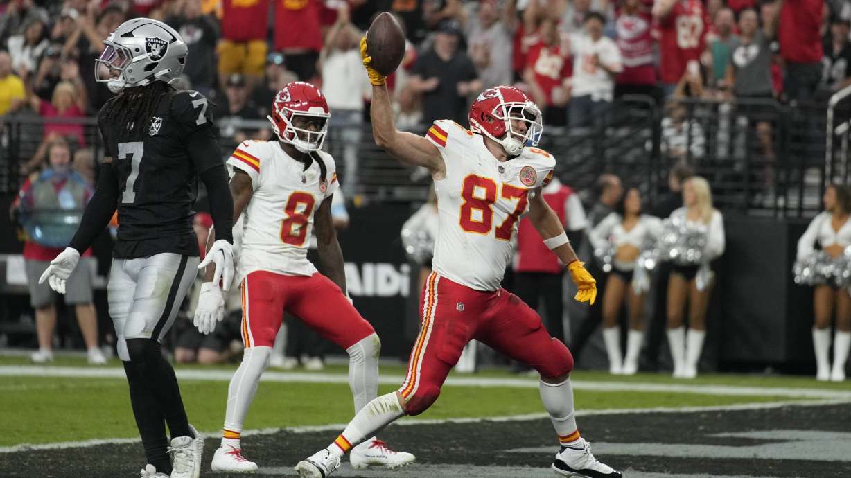 Kansas City Chiefs tight end Travis Kelce (87) celebrates after catching a touchdown pass during the first half of an NFL football game against the Las Vegas Raiders Sunday, Oct. 27, 2024, in Las Vegas.