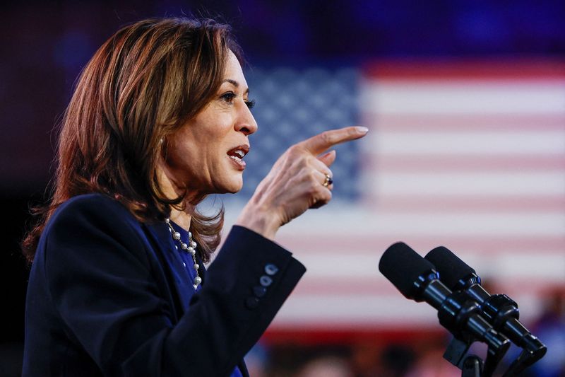 Democratic presidential nominee and Vice President Kamala Harris delivers a speech as she campaigns in Philadelphia, Pa., Sunday. She travels to Michigan on Monday as former President Donald Trump heads to Georgia.