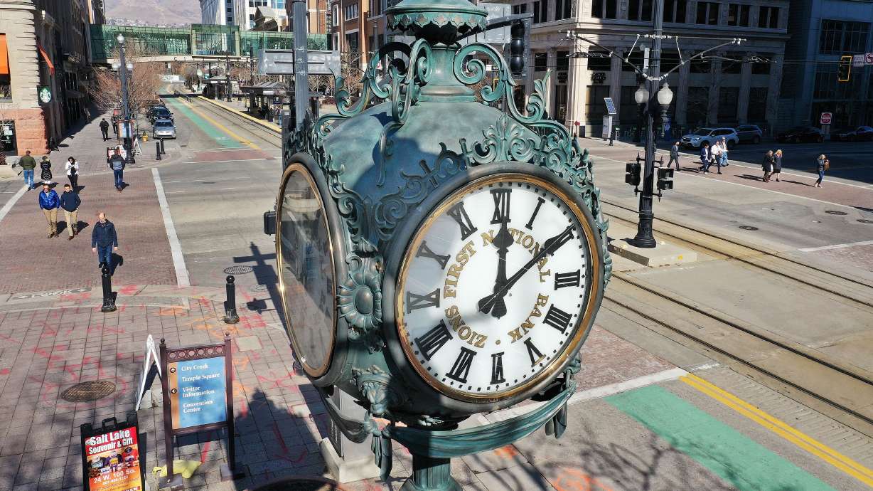 The Zions Bank clock on Main Street in Salt Lake City on Feb. 8, 2022. Daylight saving time will end this year on Sunday, Nov. 3.