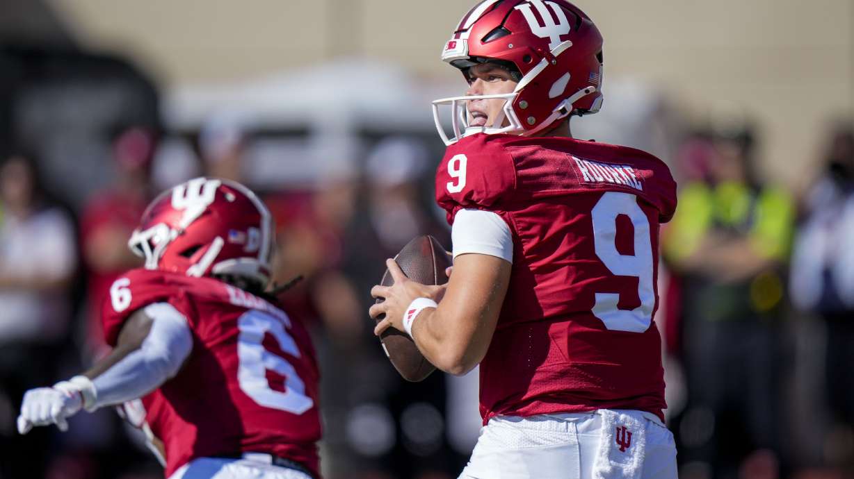 Indiana quarterback Kurtis Rourke (9) looks to pass against Nebraska during the first half of an NCAA college football game in Bloomington, Ind., Saturday, Oct. 19, 2024.