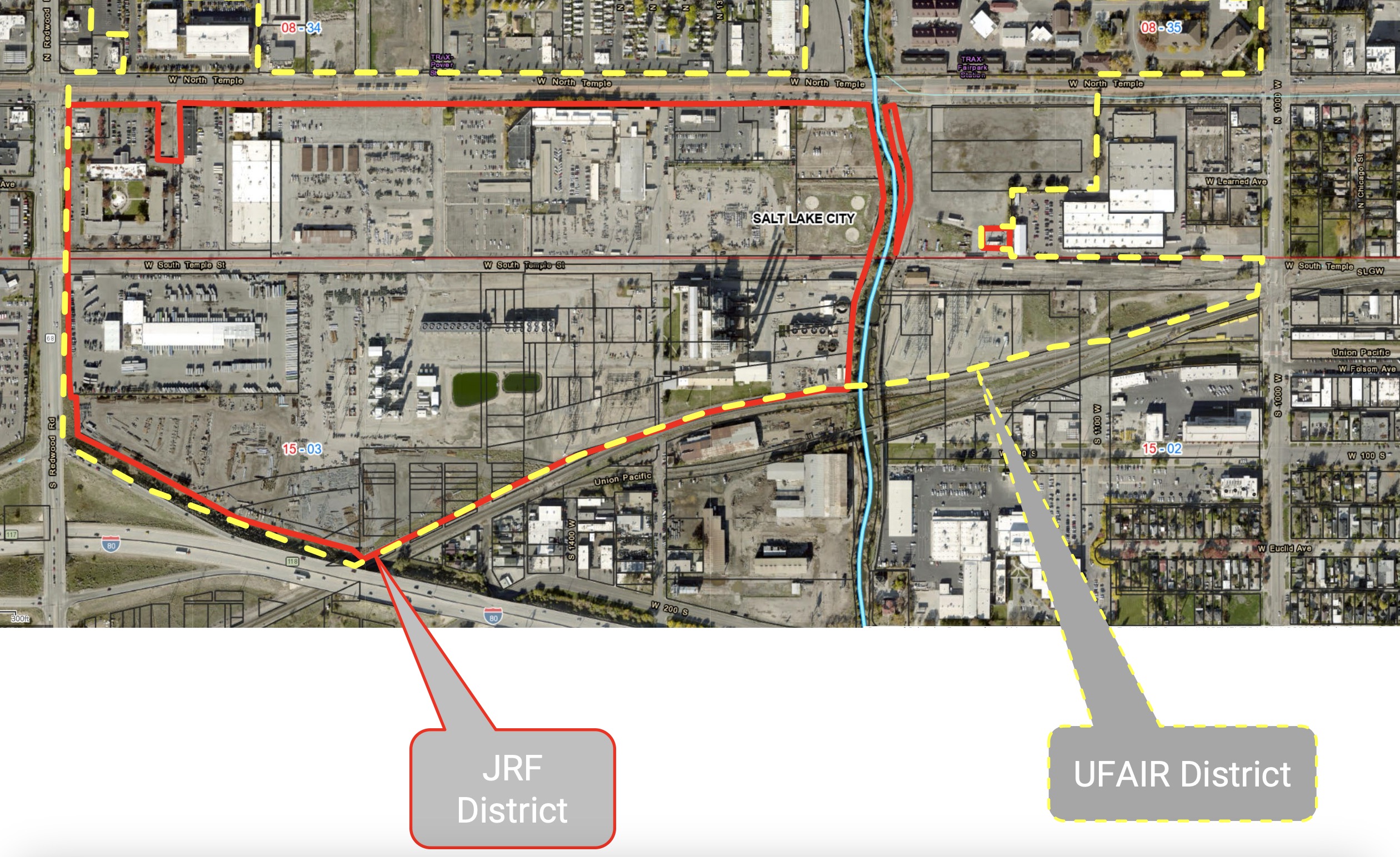 The Jordan River Fairpark District, left, Utah Fairpark Area Investment and Restoration District land within Salt Lake City's Fairpark neighborhood. The proposed zoning changes would apply to the Jordan River Fairpark District.