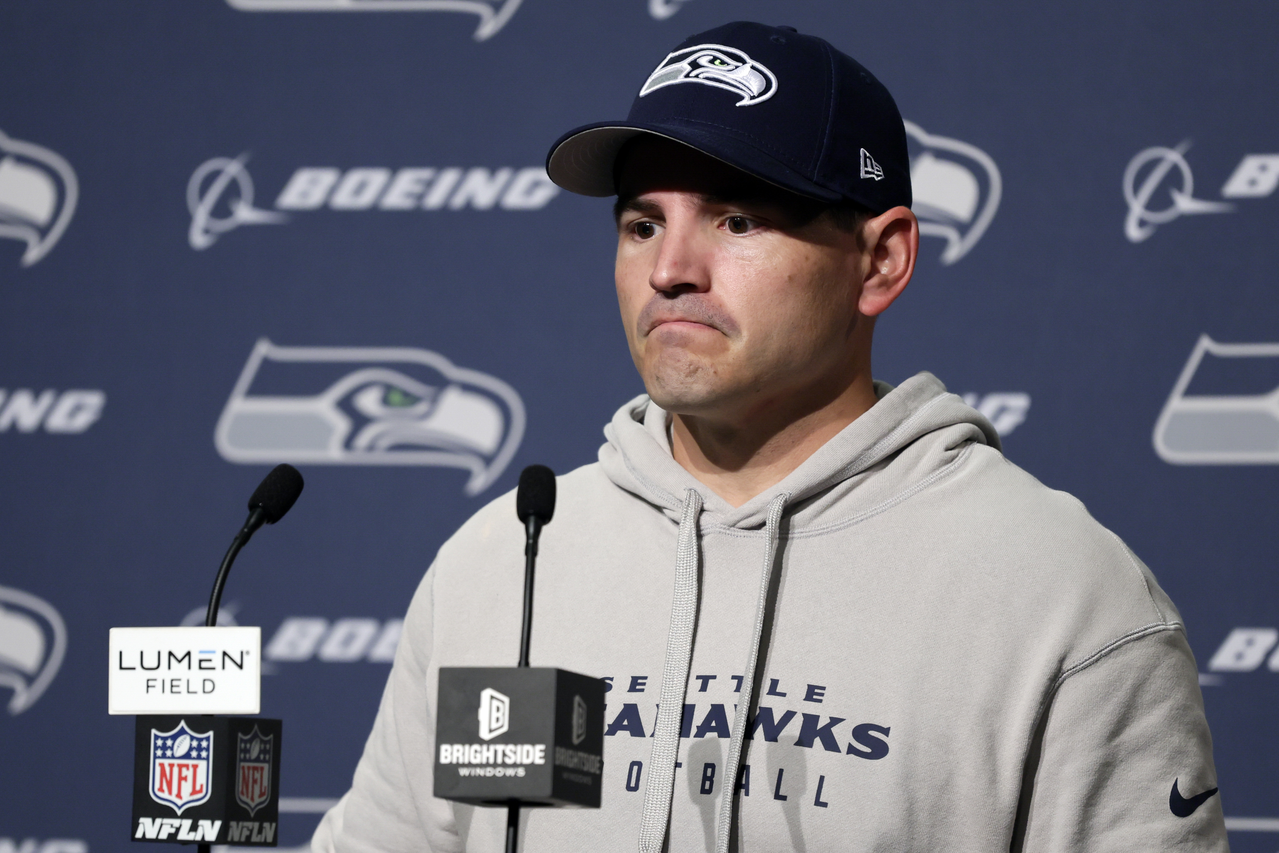 Seattle Seahawks head coach Mike Macdonald speaks during a news conference after an NFL football game against the Buffalo Bills, Sunday, Oct. 27, 2024, in Seattle. The Bills won 31-10. 