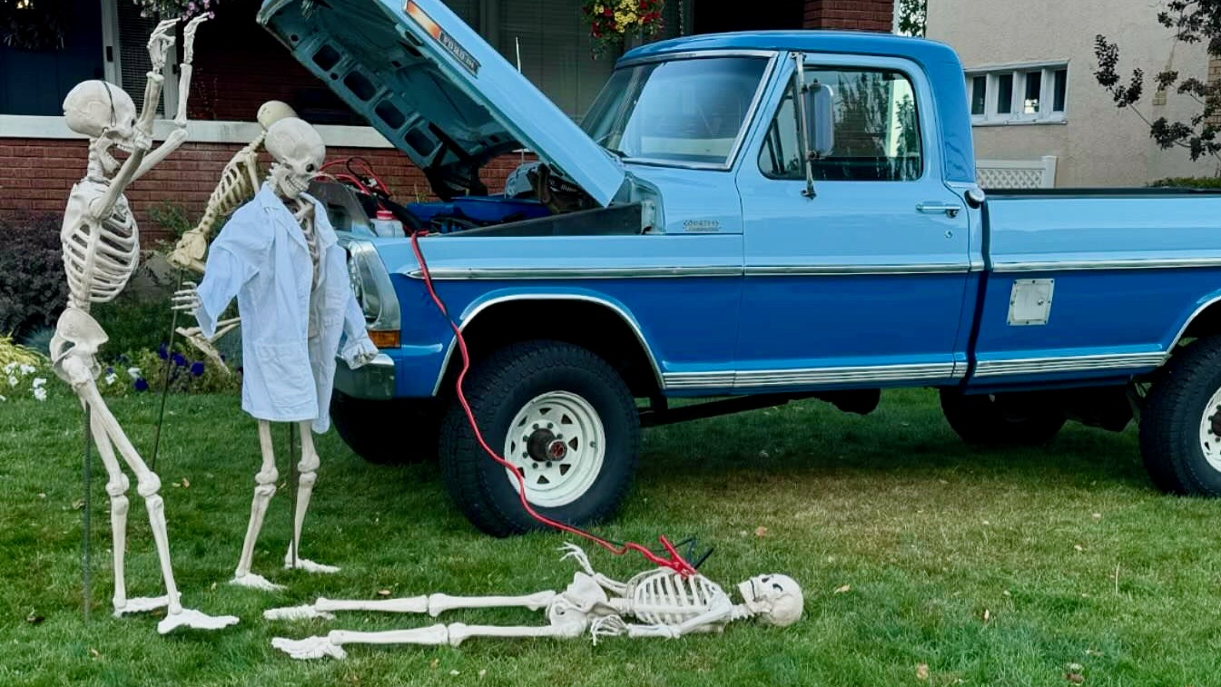 A team of skeletons render emergency aid to a downed skeleton outside Ron Pippin's Ogden home on Oct. 16.