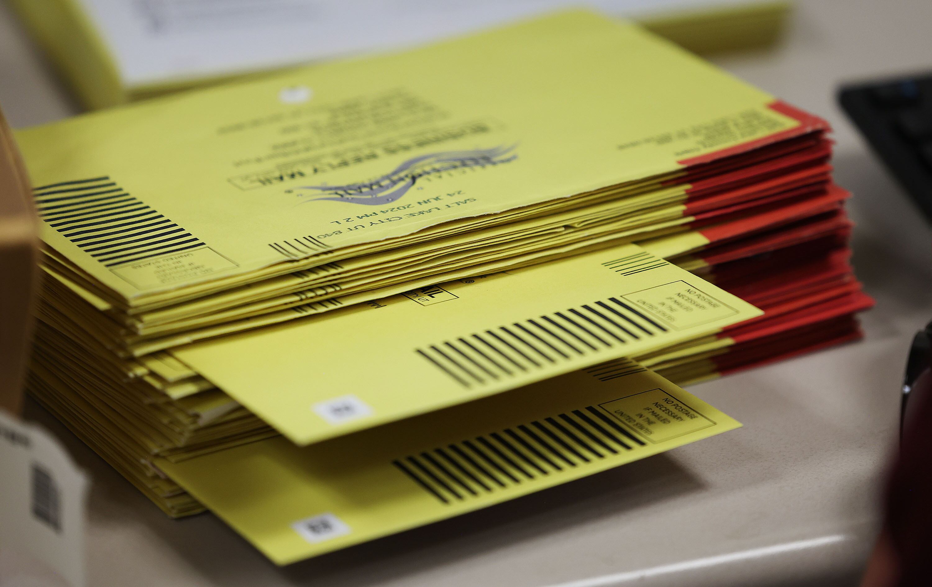 Ballots at the Salt Lake County Clerk's office are pictured in Salt Lake City on July 30. Three-quarters of Utah voters trust that mail-in ballots are safe and accurate, according to a poll. 