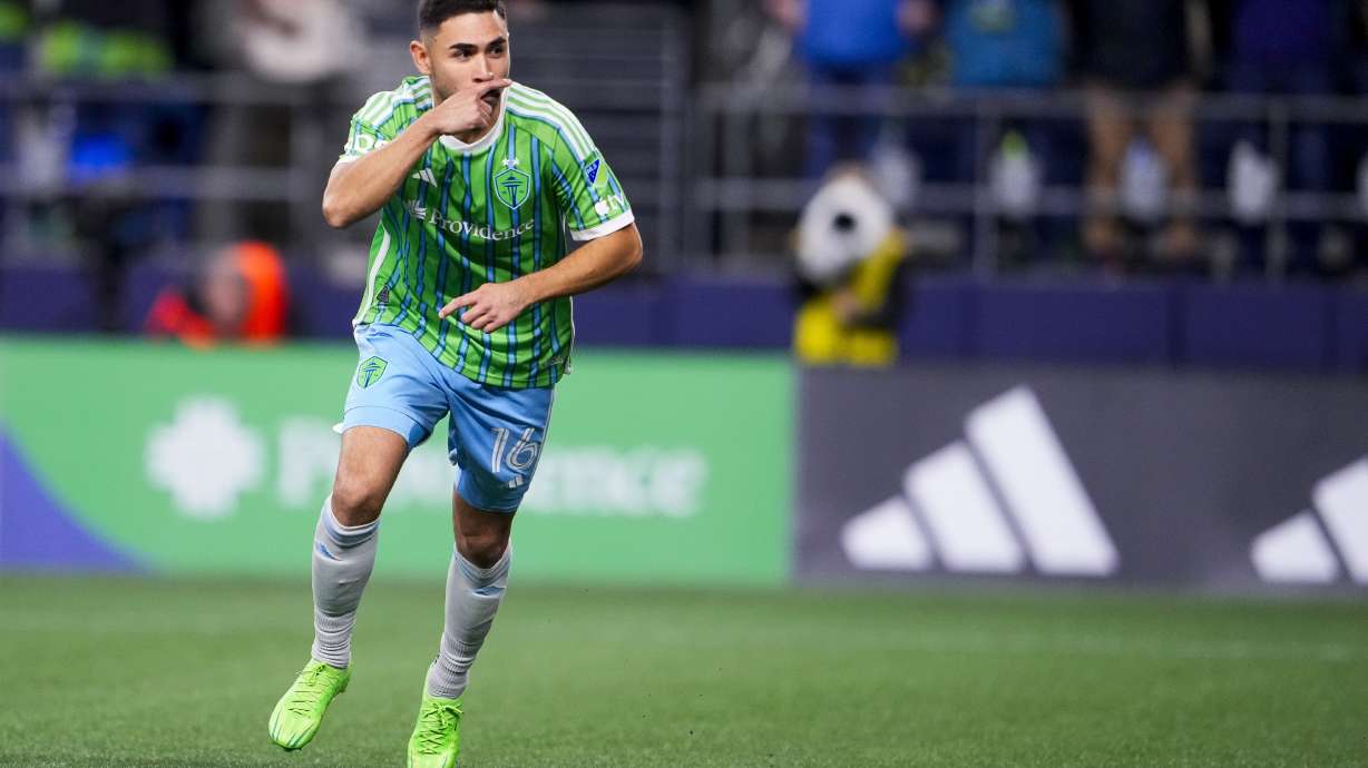 Seattle Sounders midfielder Alex Roldan reacts after making a game-winning penalty kick against the Houston Dynamo in a first-round soccer match of the MLS Cup playoffs, Monday, Oct. 28, 2024, in Seattle.