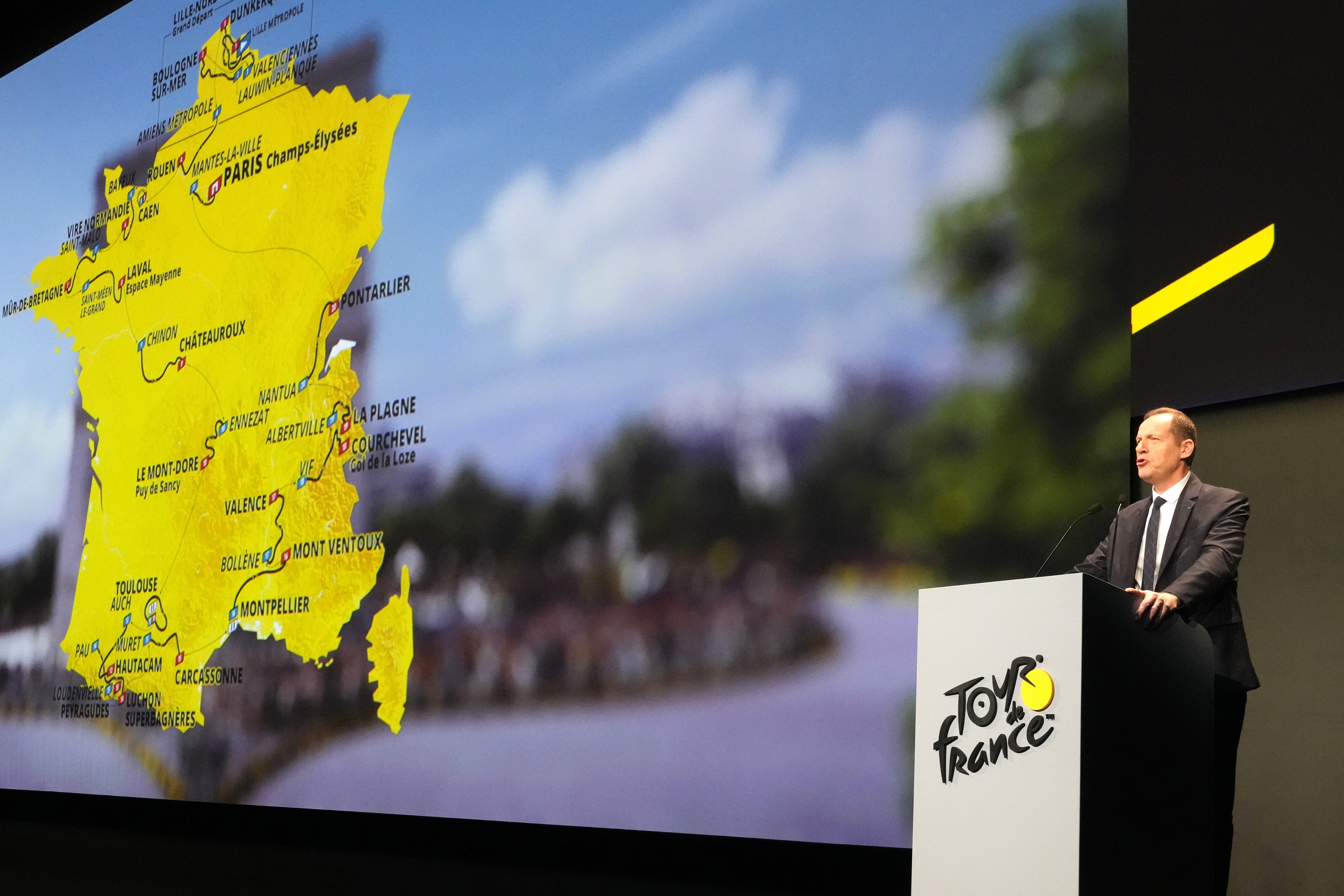 Tour de France director Christian Prudhomme unveils the 2025 Tour de France cycling race roadmap, Tuesday, Oct. 29, 2024 in Paris. 