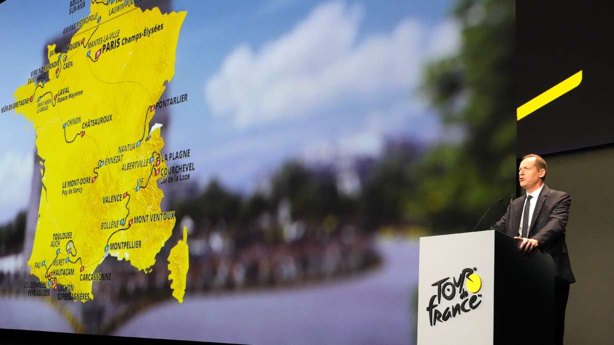 Tour de France director Christian Prudhomme unveils the 2025 Tour de France cycling race roadmap, Tuesday, Oct. 29, 2024 in Paris.