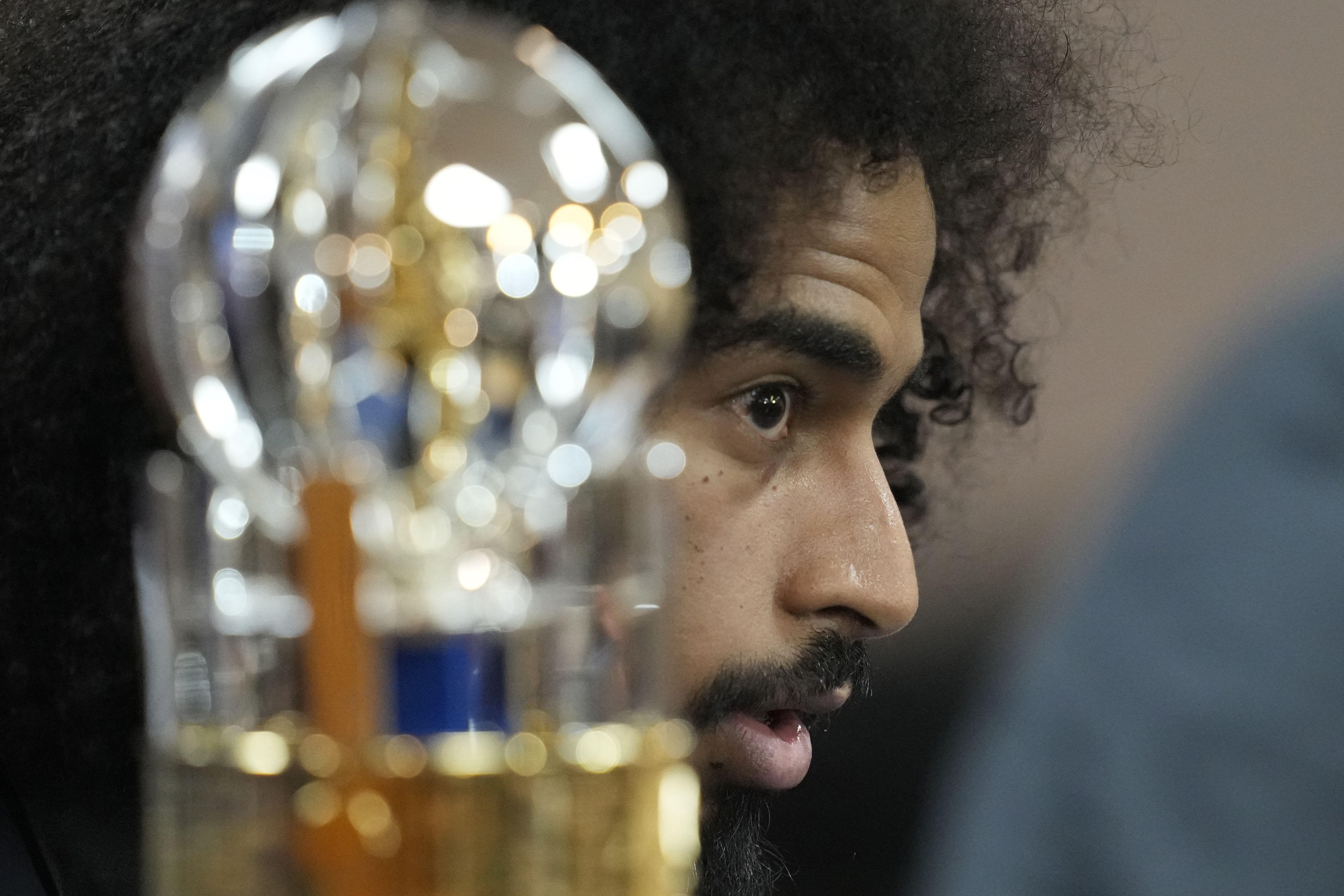 Qatar's Akram Afif speaks during a news conference after receiving the player of the year award of the Asian Football Confederation or AFC Annual Award Seoul 2023, ceremony at the Grand Peace Palace in Seoul, South Korea, Tuesday, Oct. 29, 2024. 