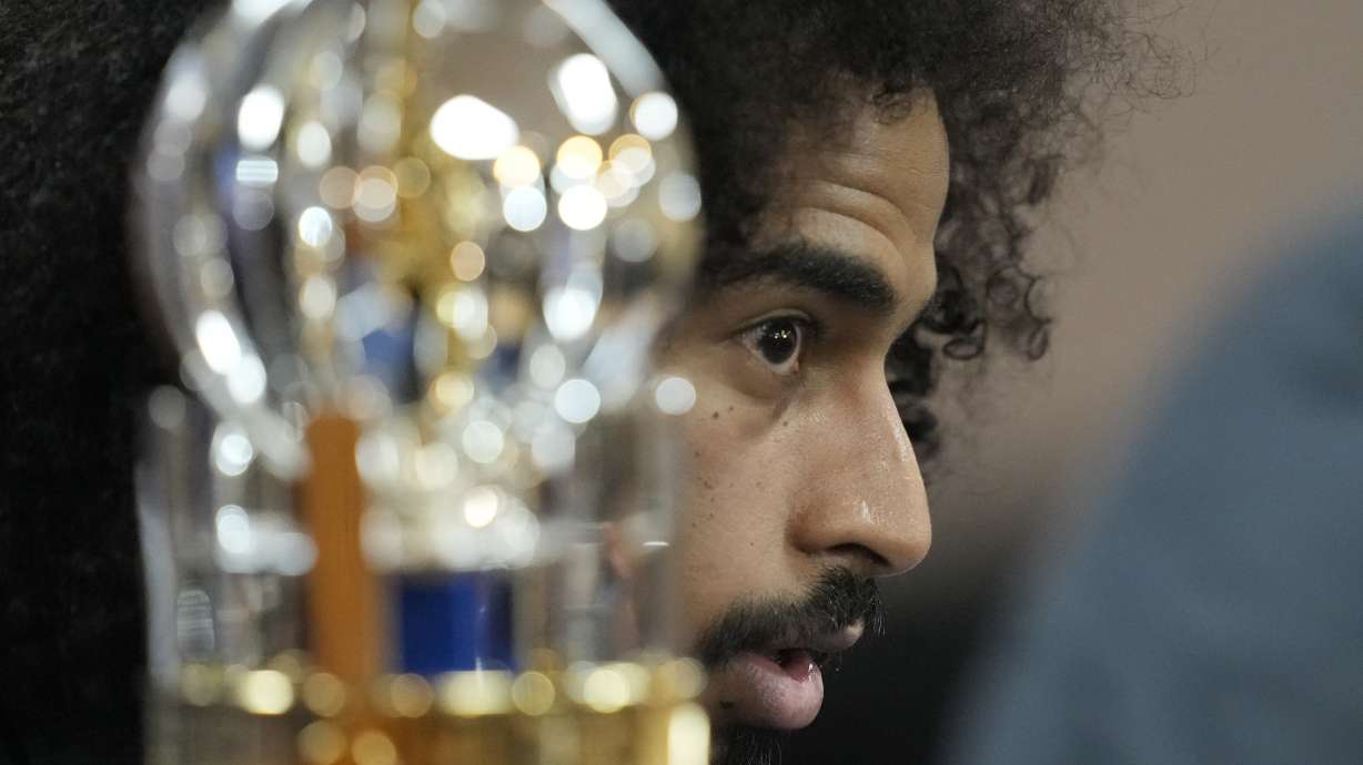 Qatar's Akram Afif speaks during a news conference after receiving the player of the year award of the Asian Football Confederation or AFC Annual Award Seoul 2023, ceremony at the Grand Peace Palace in Seoul, South Korea, Tuesday, Oct. 29, 2024.