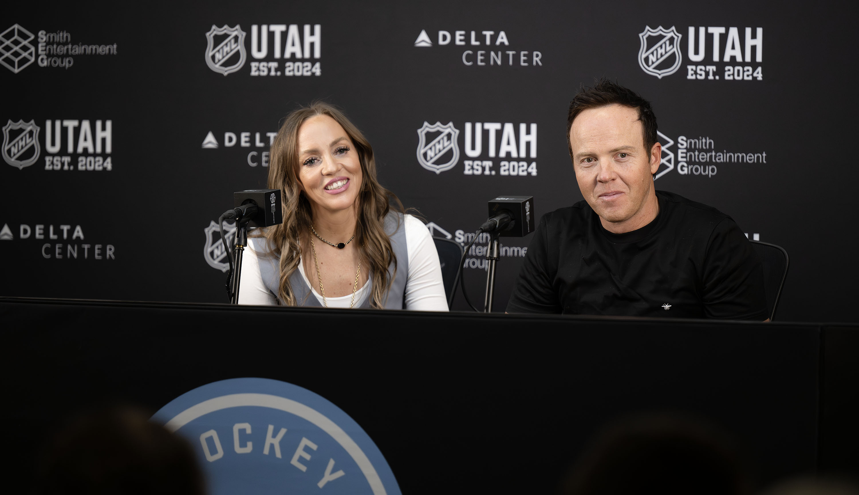 Ryan and Ashley Smith hold a press conference talking about the upcoming NHL season opening game and other aspects of being the owners of the Salt Lake Hockey Club in Salt Lake City, on Monday Oct. 7, 2024.