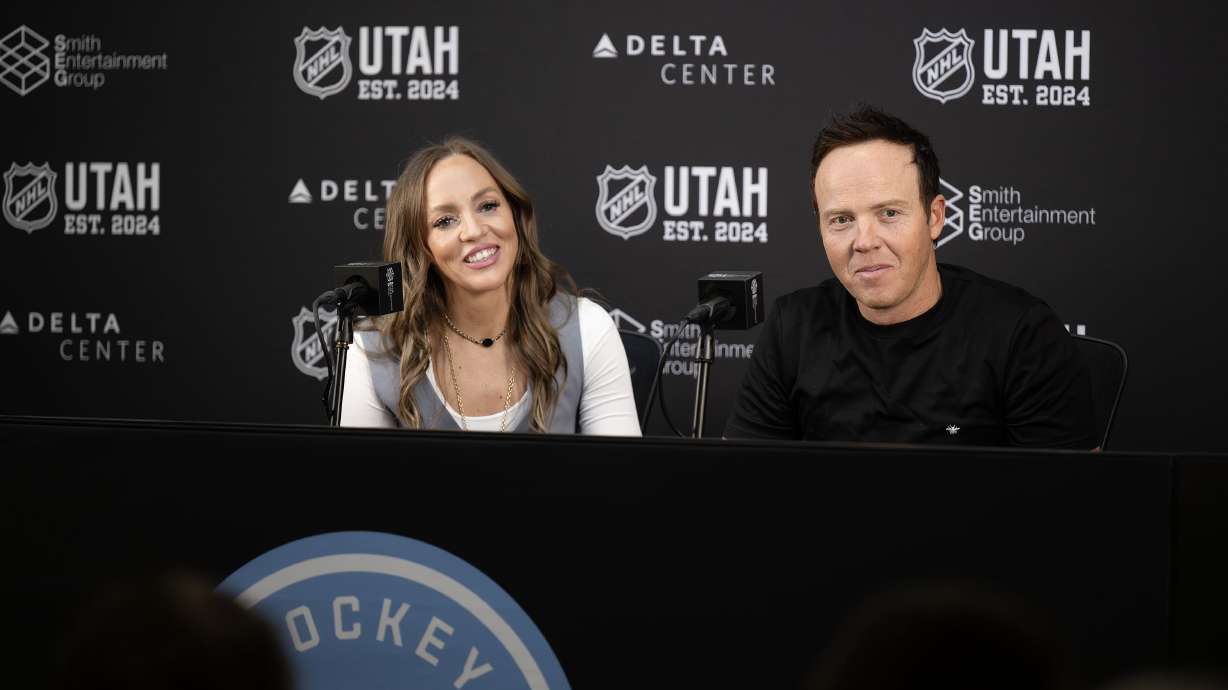 Ryan and Ashley Smith hold a press conference talking about the upcoming NHL season opening game and other aspects of being the owners of the Salt Lake Hockey Club in Salt Lake City, on Monday Oct. 7, 2024.