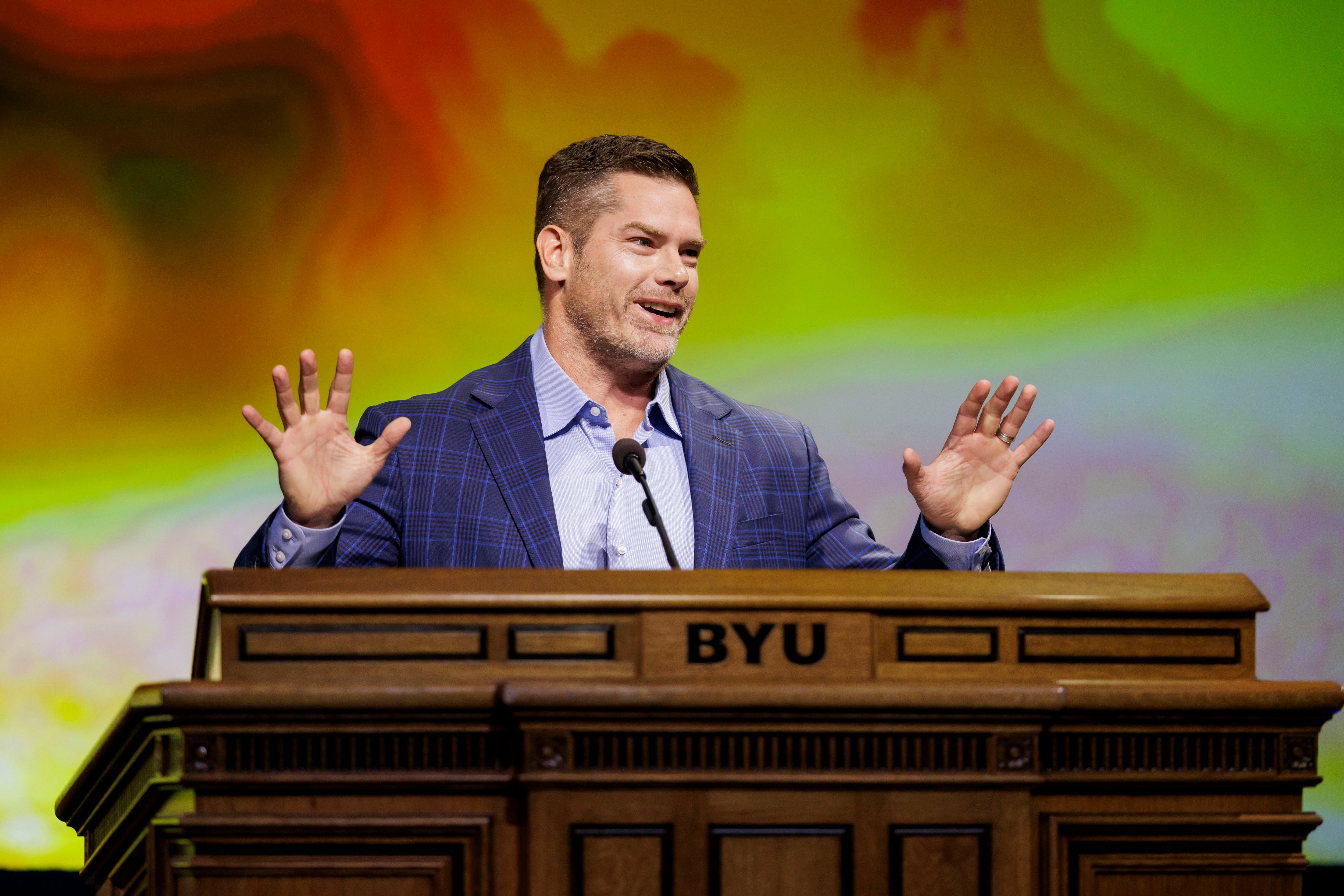 Dallas Jenkins speaks on the campus of Brigham Young University in Provo on Tuesday. Jenkins says he no longer cares about the box-office numbers, but cares about what he gives to God.