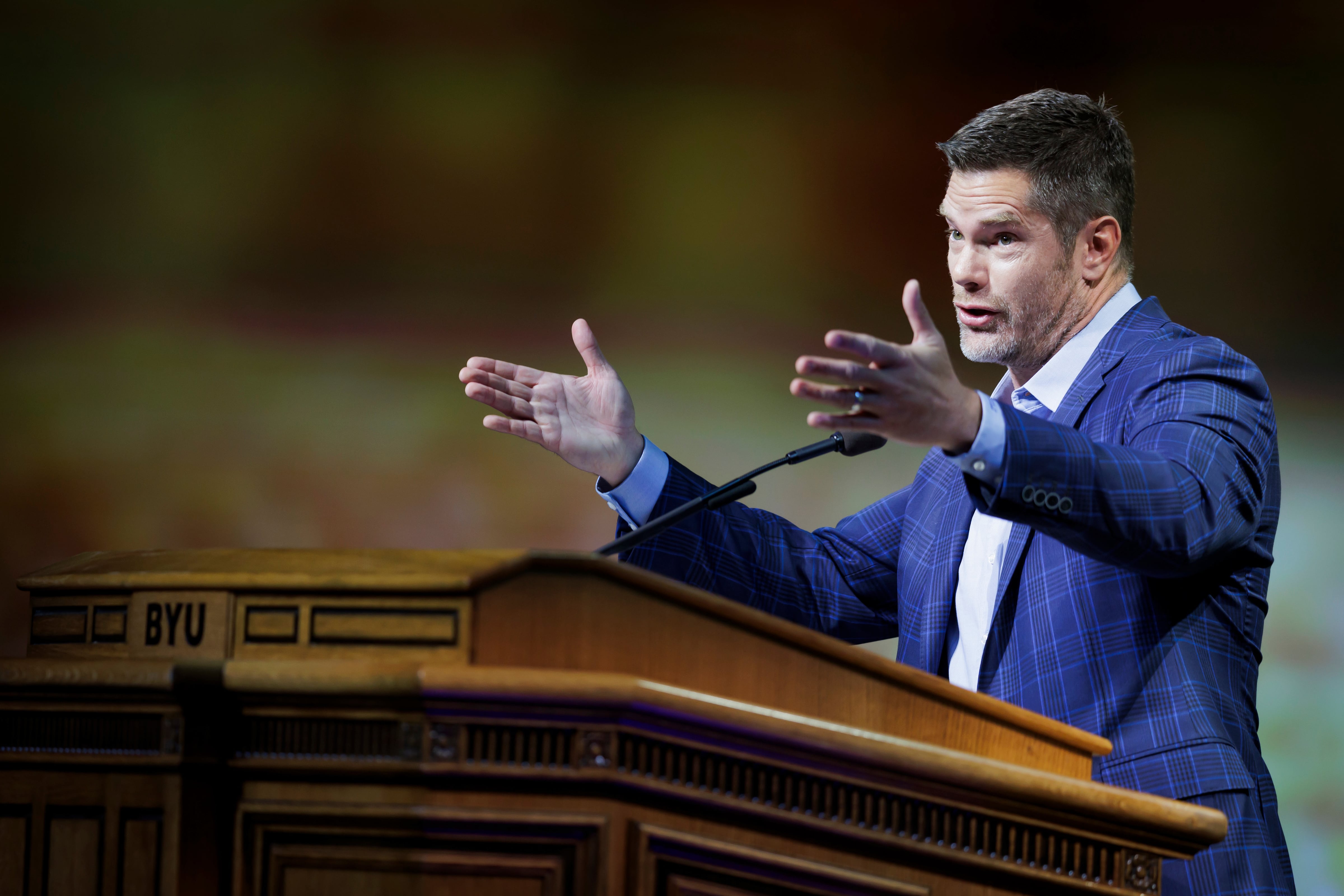 Dallas Jenkins speaks on the campus of Brigham Young University in Provo on Tuesday.