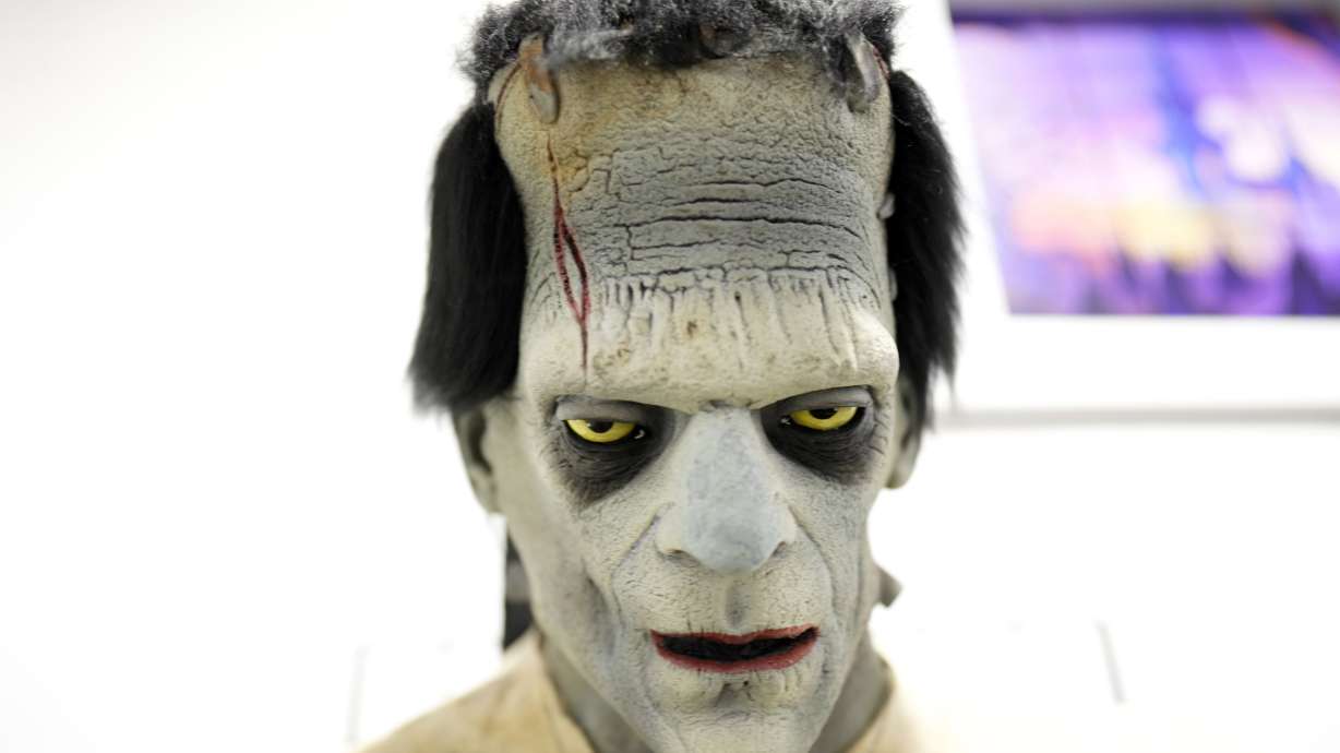 A Frankenstein mask is seen on display at The Theatrical Shop, Tuesday in West Des Moines, Iowa. For the first time since 1938, children in Des Moines, Iowa, will go trick-or-treating on Halloween.
