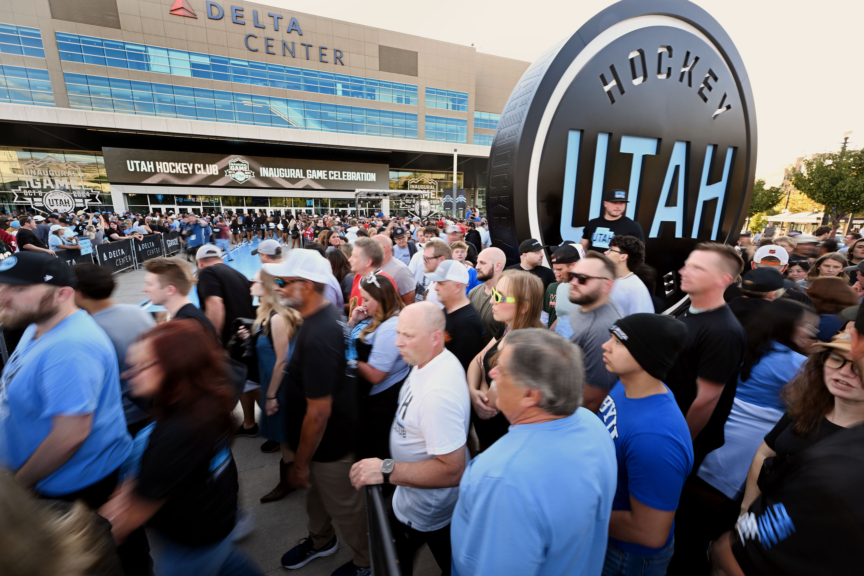 Fans begin making their way to listen to Shaboozey as the festivities continue outside ahead of the Utah Hockey Club’s inaugural game and season opener with the Chicago Blackhawks at the Delta Center in Salt Lake City, on Oct. 8.