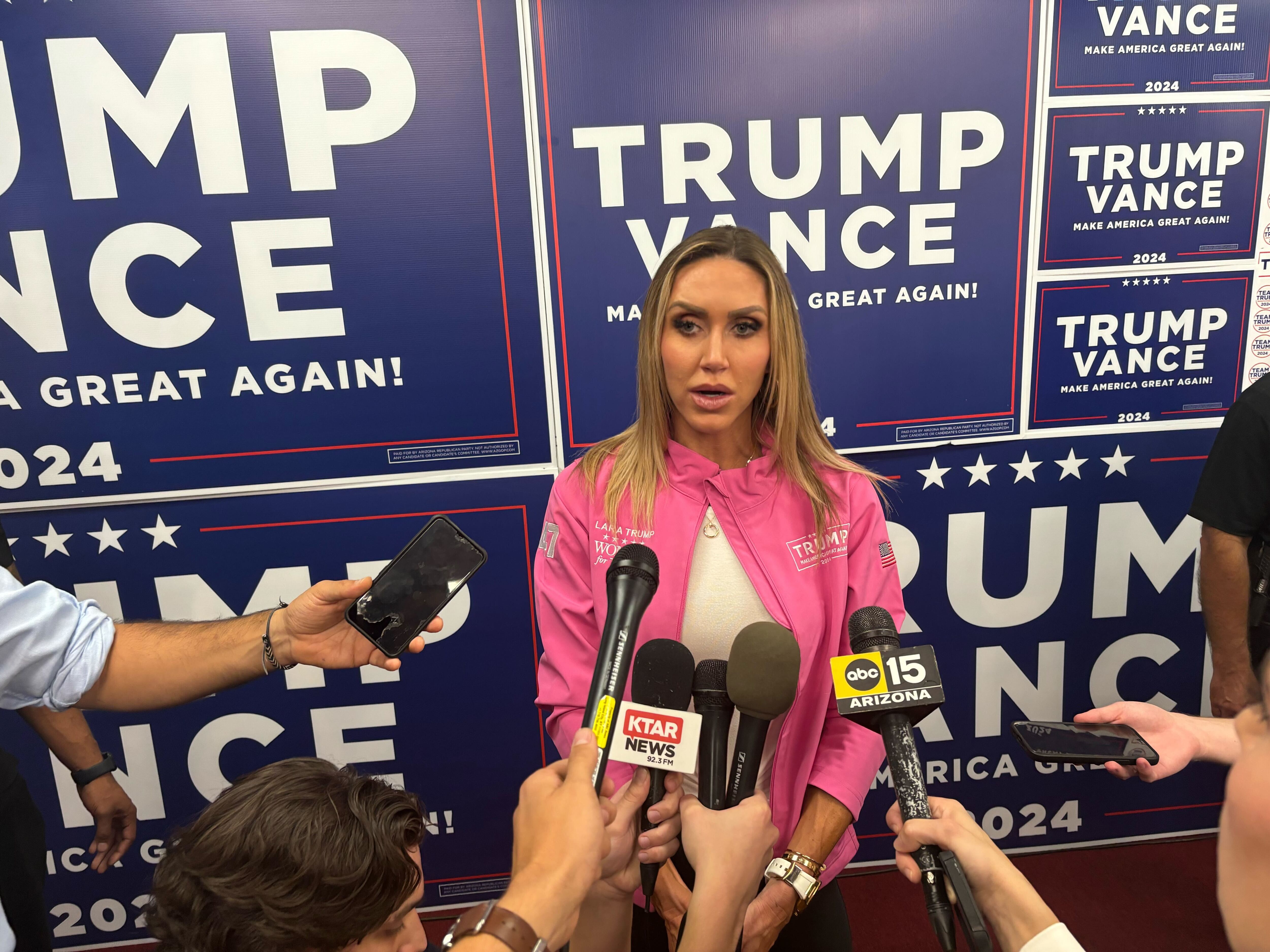 Lara Trump answers media questions after the Team Trump Women’s Tour event in Phoenix on Monday. As the chair of the Republican National Committee, she is shoring up support for former President Donald Trump.