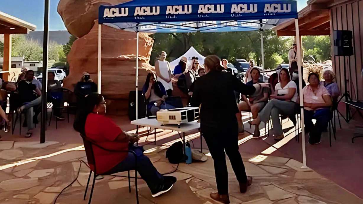 Malyssa Egge, Indigenous justice organizer for the American Civil Liberties Union of Utah, conducts a voting rights training session in Bluff, San Juan County, on Oct. 12, 2022.