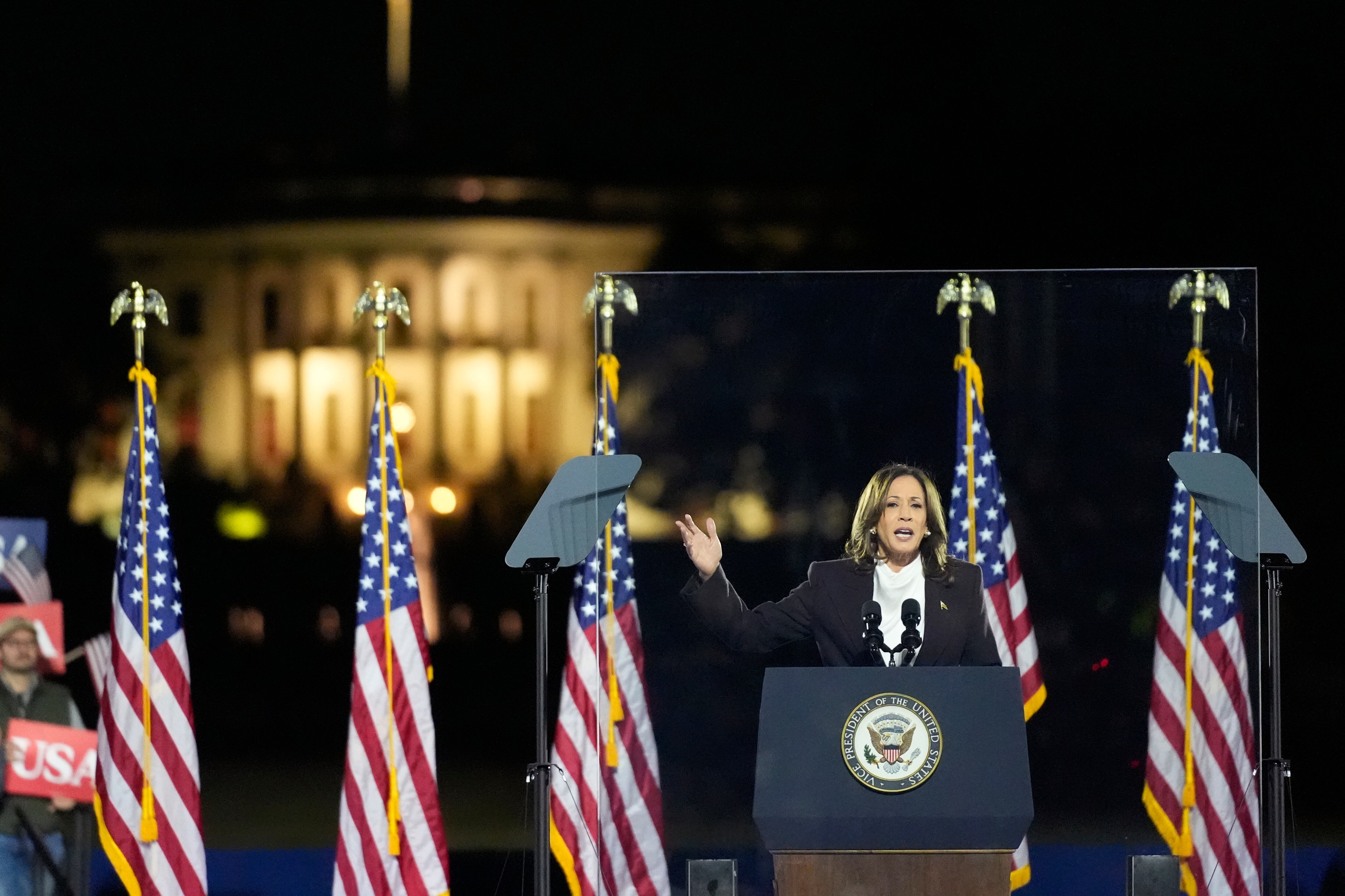 Democratic presidential nominee Vice President Kamala Harris delivers remarks during a campaign event at the Ellipse near the White House in Washington on Tuesday.